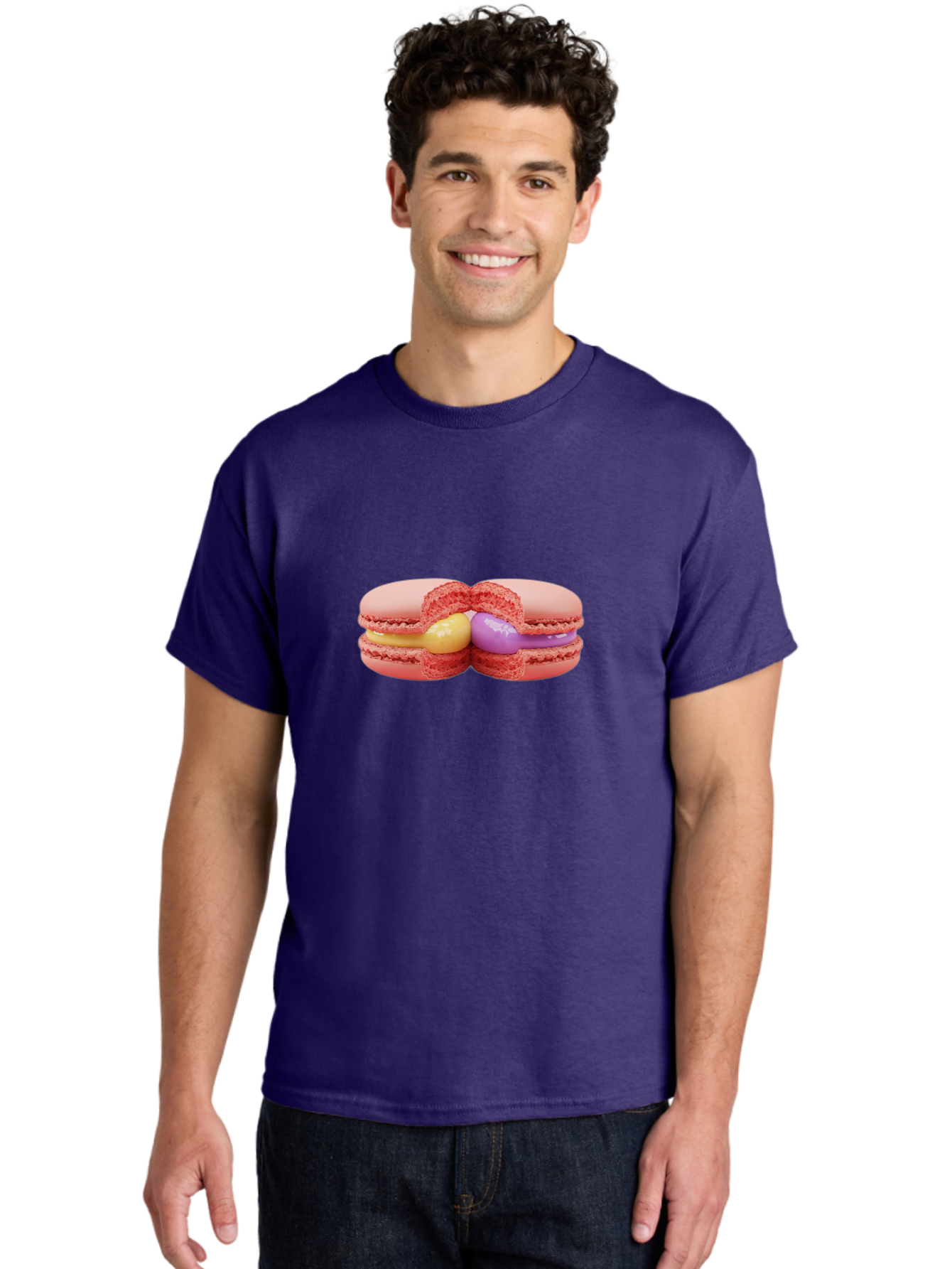 Pink-Macarons-3 Men'S Graphic Tee, 100% Cotton, Comfortable Casual Summer Wear, Machine Washable, Pink Macarons, Yellow And Purple Filling, French Dessert, Sweet Treats, Delicate Meringue, Colorful Pastries, Baked Goods, Gourmet Sweets Bab186 24