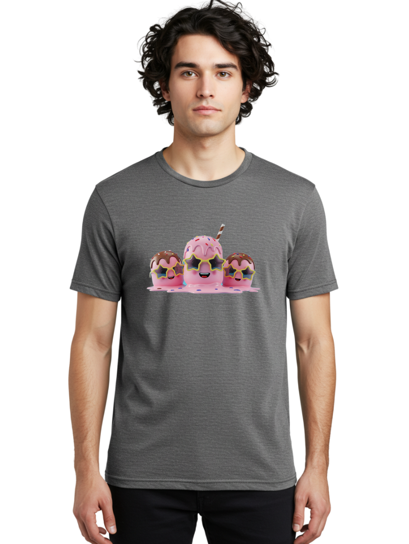 Pink-Milkshakes Men'S Graphic Tee, 100% Cotton, Comfortable Casual Summer Wear, Machine Washable, Pink Milkshake, Chocolate Topping, Colorful Sprinkles, Kawaii Characters, Melted Ice Cream, Fun Design, Sweet Treats, Dessert Lovers, Bab191 12