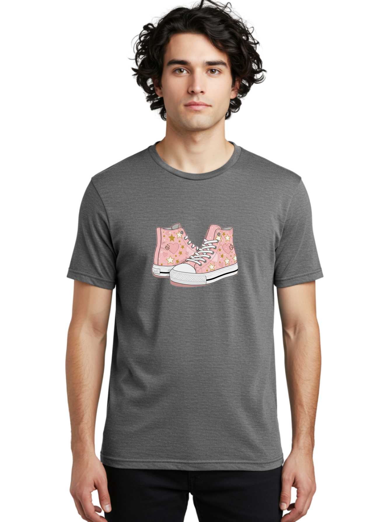 Pink-Star-Converse Men'S Graphic Tee, 100% Cotton, Comfortable Casual Summer Wear, Machine Washable, Pink Converse Sneakers, Star Pattern, Heart Design, White Laces, Fashion Footwear, Casual Style, Sneakers With Hearts, Star-Themed Shoes, Bab194 12