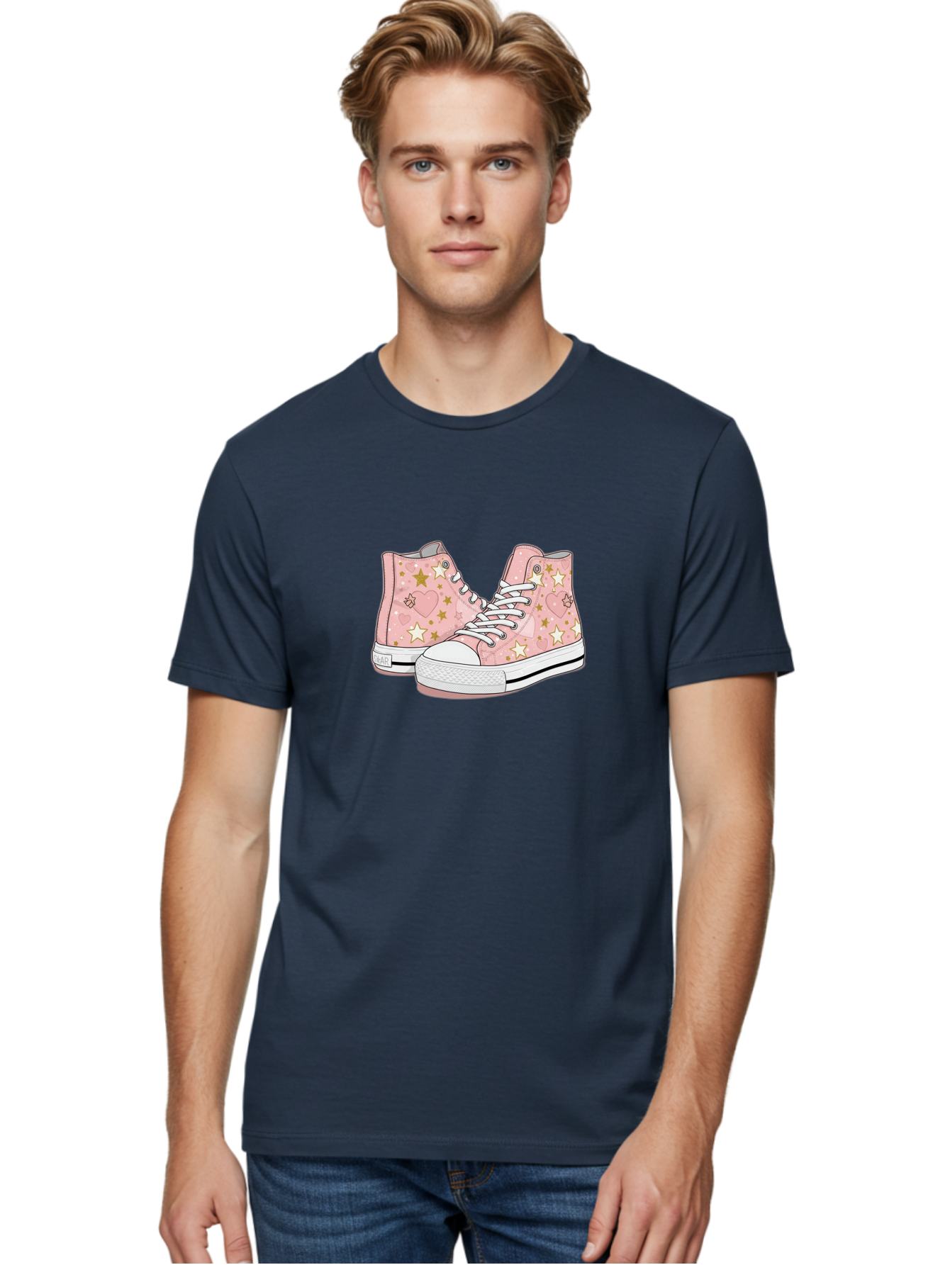 Pink-Star-Converse Men'S Graphic Tee, 100% Cotton, Comfortable Casual Summer Wear, Machine Washable, Pink Converse Sneakers, Star Pattern, Heart Design, White Laces, Fashion Footwear, Casual Style, Sneakers With Hearts, Star-Themed Shoes, Bab194 22
