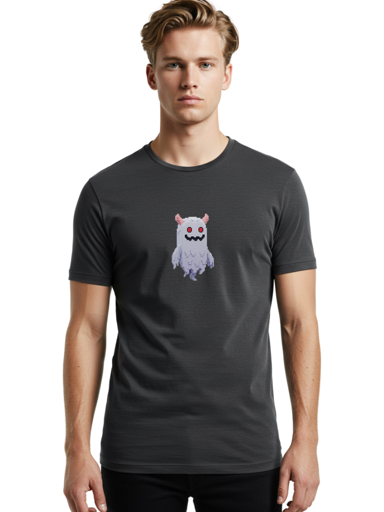 Pixel-Monster Men'S Graphic Tee, 100% Cotton, Comfortable Casual Summer Wear, Machine Washable, Pixel Art Character, Cute Monster, Red Eyes, Black Smile, Pink Horns, Furry Creature, Cartoonish, Fun Design, Playful Graphics, Retro Gaming, Bab200 10