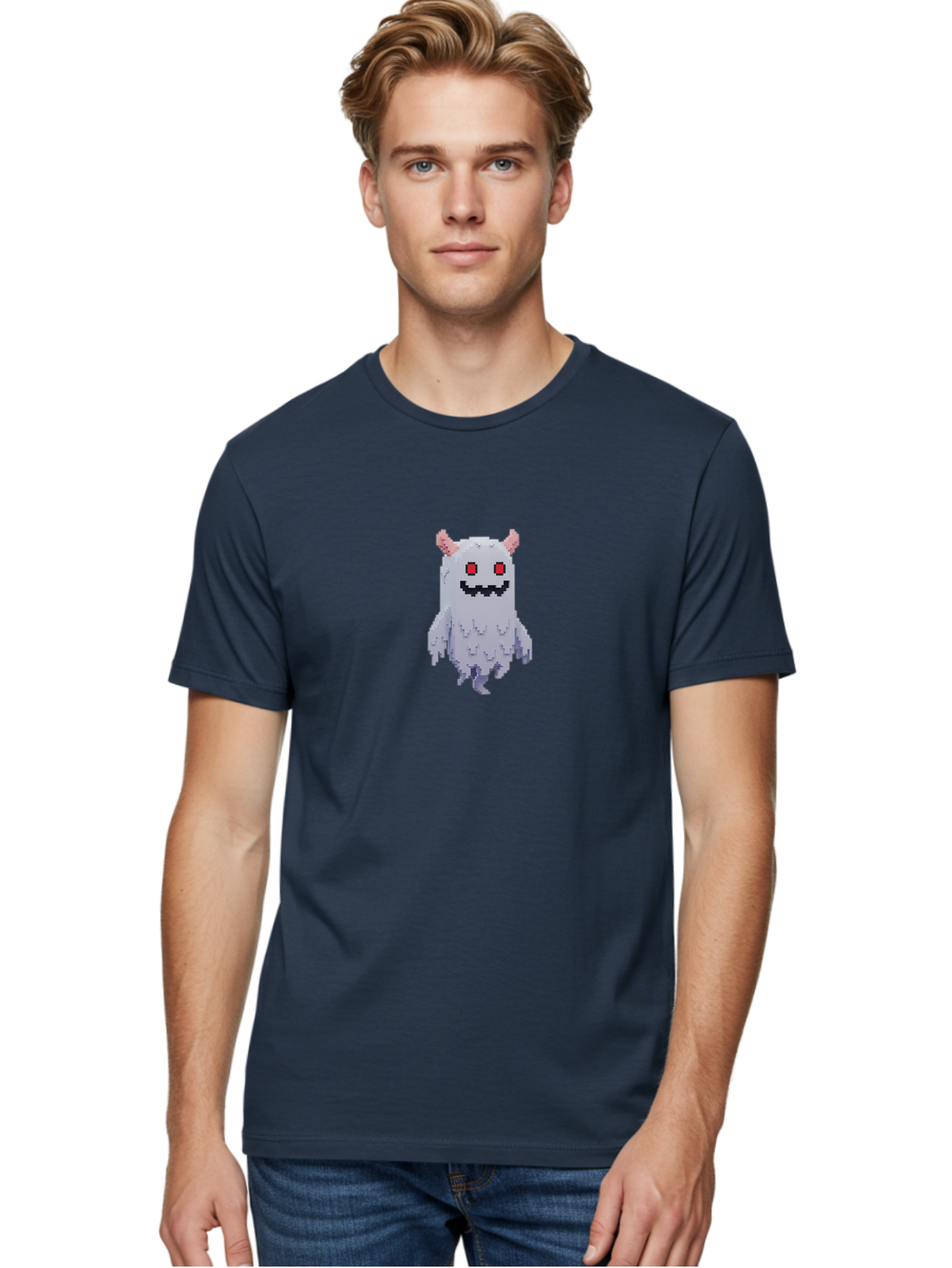 Pixel-Monster Men'S Graphic Tee, 100% Cotton, Comfortable Casual Summer Wear, Machine Washable, Pixel Art Character, Cute Monster, Red Eyes, Black Smile, Pink Horns, Furry Creature, Cartoonish, Fun Design, Playful Graphics, Retro Gaming, Bab200 22