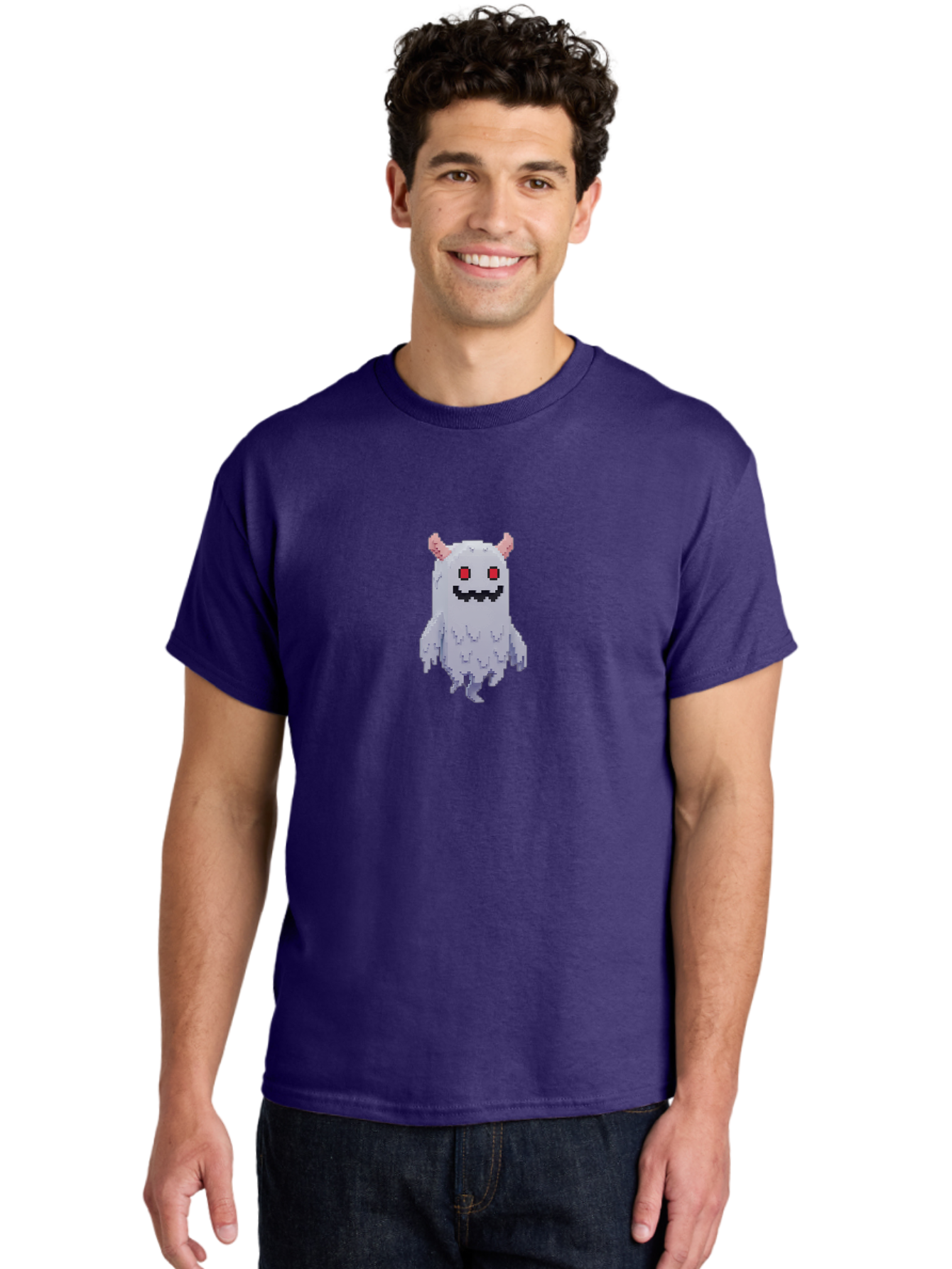Pixel-Monster Men'S Graphic Tee, 100% Cotton, Comfortable Casual Summer Wear, Machine Washable, Pixel Art Character, Cute Monster, Red Eyes, Black Smile, Pink Horns, Furry Creature, Cartoonish, Fun Design, Playful Graphics, Retro Gaming, Bab200 24