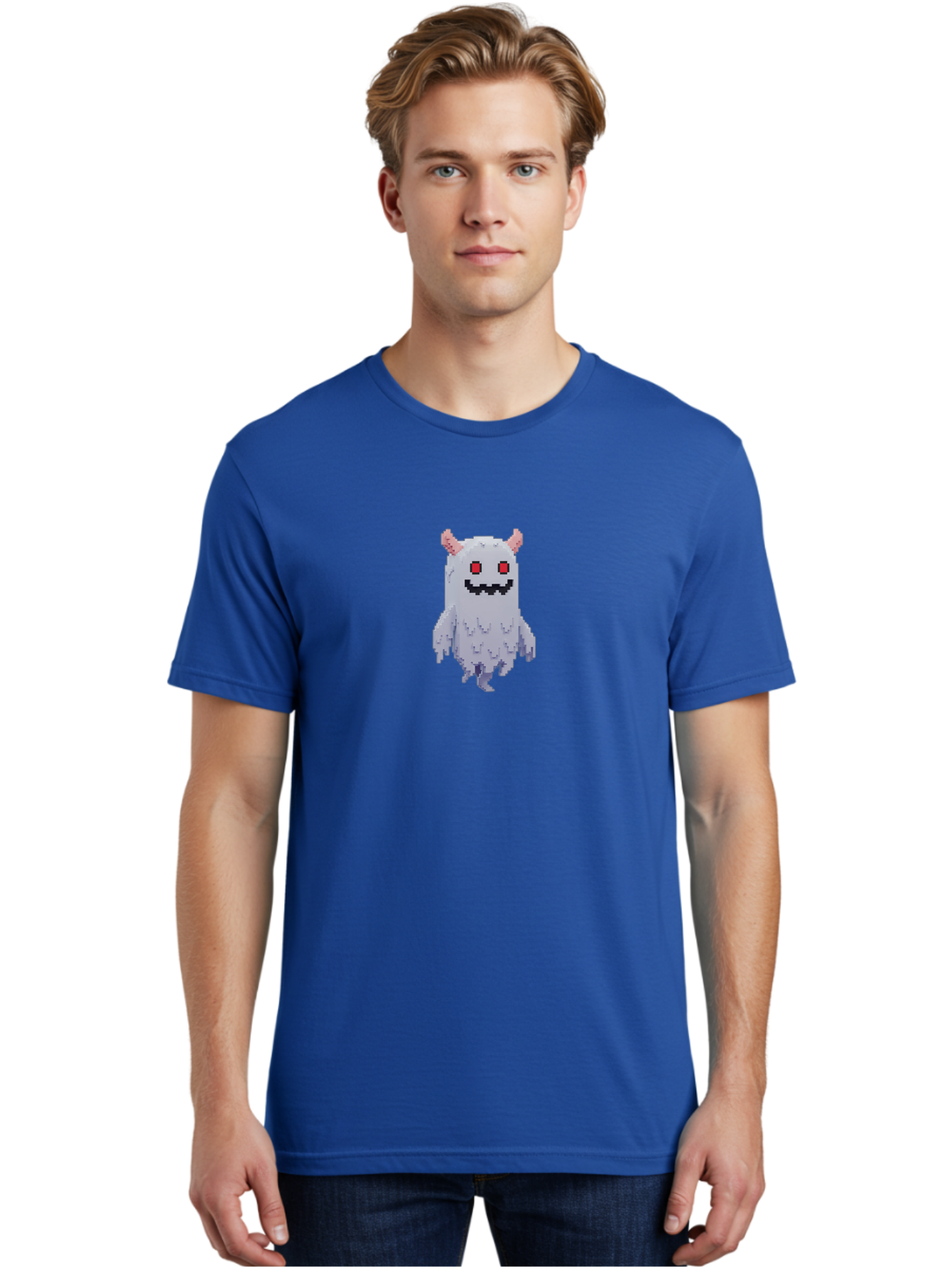 Pixel-Monster Men'S Graphic Tee, 100% Cotton, Comfortable Casual Summer Wear, Machine Washable, Pixel Art Character, Cute Monster, Red Eyes, Black Smile, Pink Horns, Furry Creature, Cartoonish, Fun Design, Playful Graphics, Retro Gaming, Bab200 30