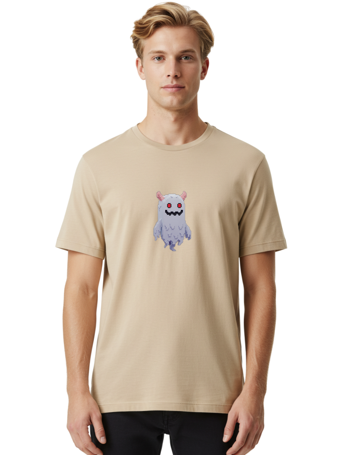 Pixel-Monster Men'S Graphic Tee, 100% Cotton, Comfortable Casual Summer Wear, Machine Washable, Pixel Art Character, Cute Monster, Red Eyes, Black Smile, Pink Horns, Furry Creature, Cartoonish, Fun Design, Playful Graphics, Retro Gaming, Bab200 4