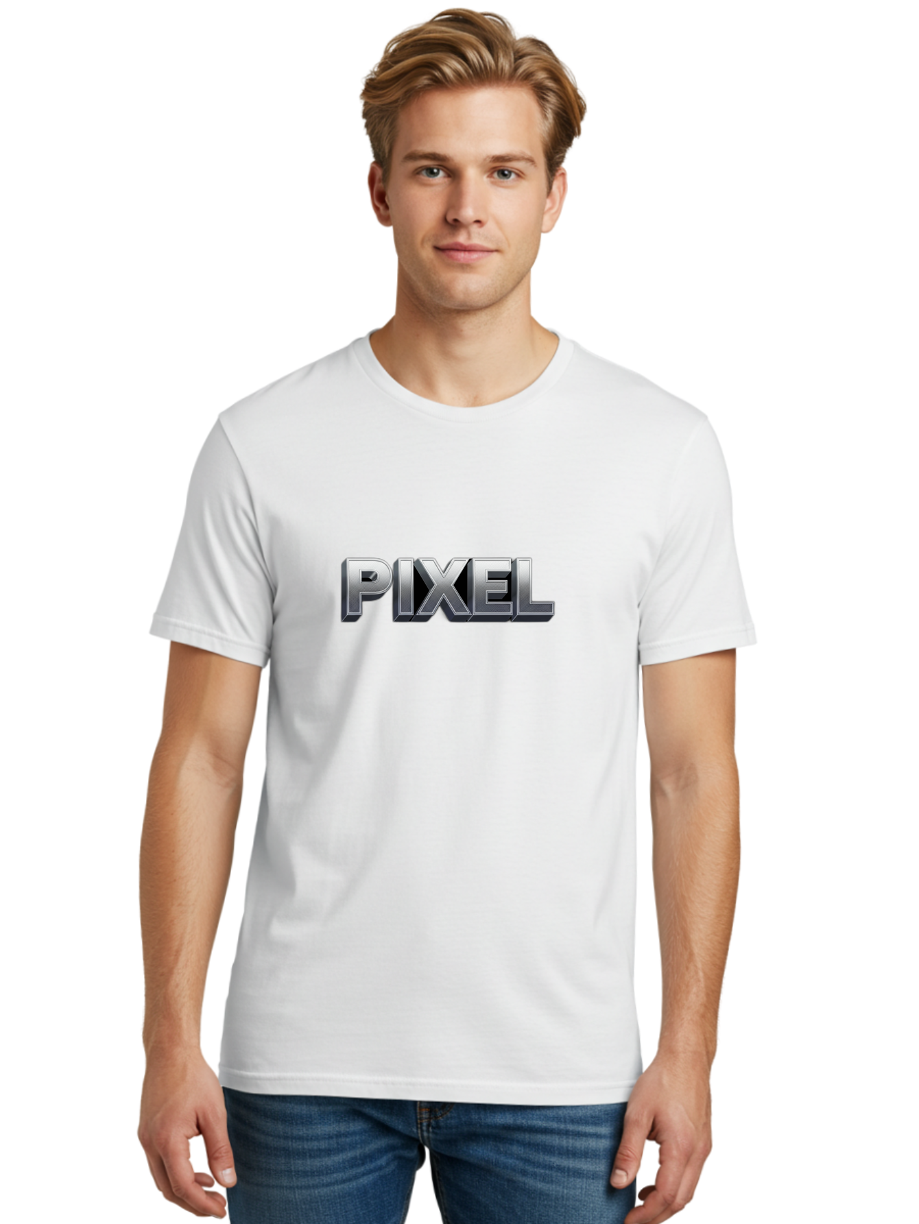 Pixel Men'S Graphic Tee, 100% Cotton, Comfortable Casual Summer Wear, Machine Washable, Pixel Art, Digital Graphics, Metallic Text, Chrome Effect, 3D Typography, Video Game Style, Graphic Design Element Bab201 14