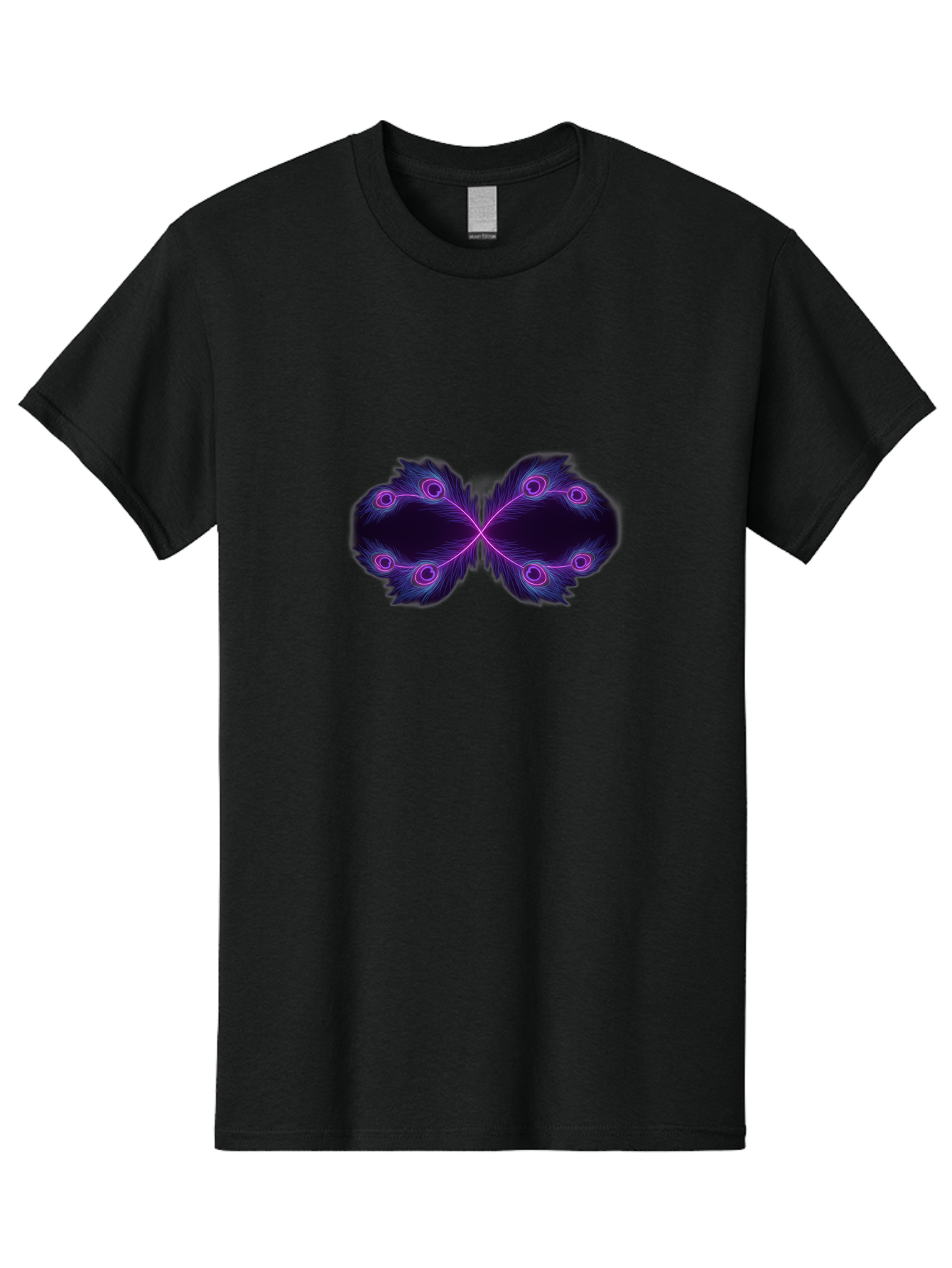 Purple-Feathers-Butterfly Men'S Graphic Tee, 100% Cotton, Comfortable Casual Summer Wear, Machine Washable, Purple Feather Design, Butterfly Shape, Neon Purple Accents, Circular Patterns, Symmetrical Art, Digital Illustration, Fantasy Art, Bab262 17