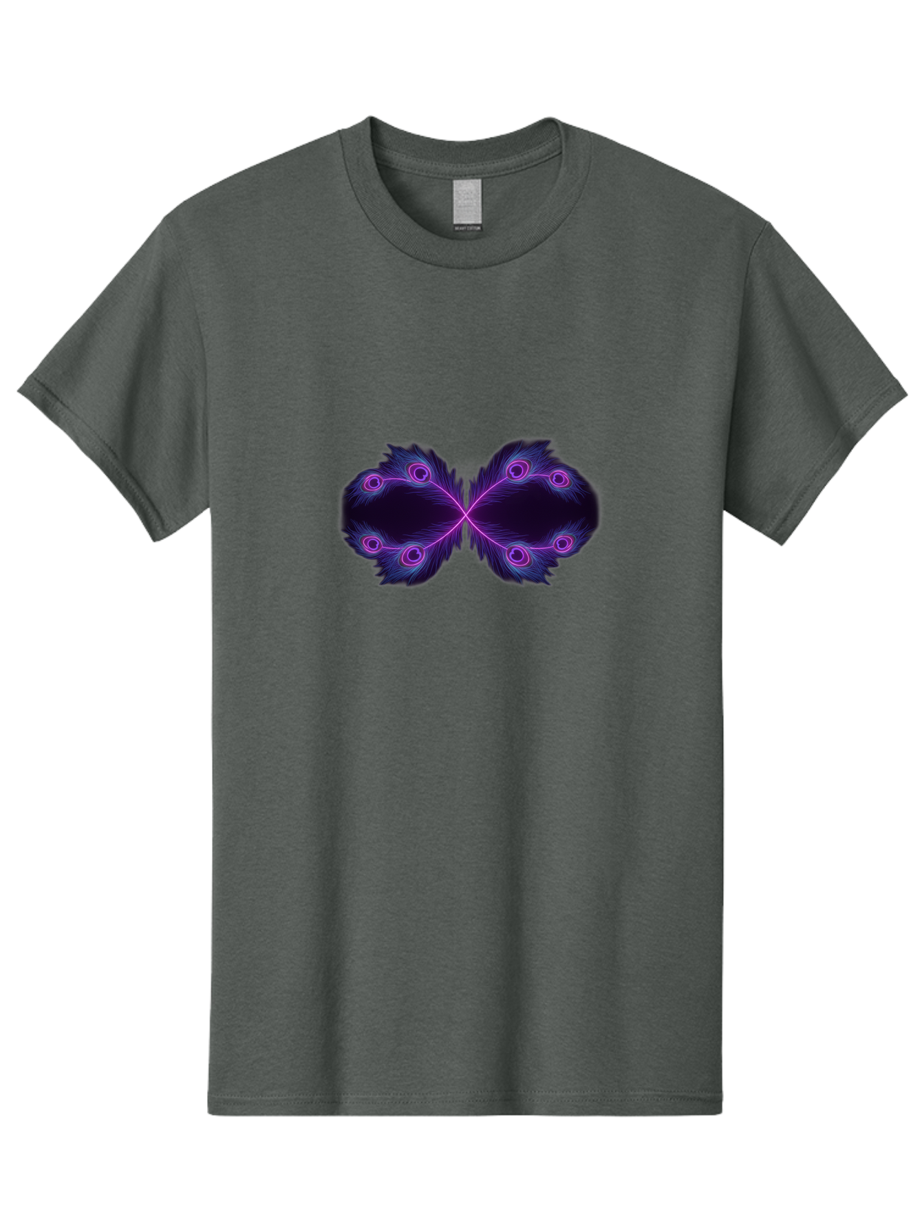 Purple-Feathers-Butterfly Men'S Graphic Tee, 100% Cotton, Comfortable Casual Summer Wear, Machine Washable, Purple Feather Design, Butterfly Shape, Neon Purple Accents, Circular Patterns, Symmetrical Art, Digital Illustration, Fantasy Art, Bab262 23