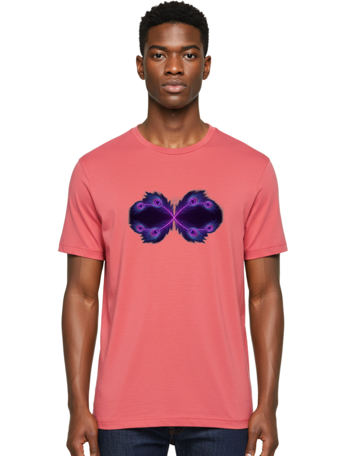 Purple-Feathers-Butterfly Men'S Graphic Tee, 100% Cotton, Comfortable Casual Summer Wear, Machine Washable, Purple Feather Design, Butterfly Shape, Neon Purple Accents, Circular Patterns, Symmetrical Art, Digital Illustration, Fantasy Art, Bab262 20