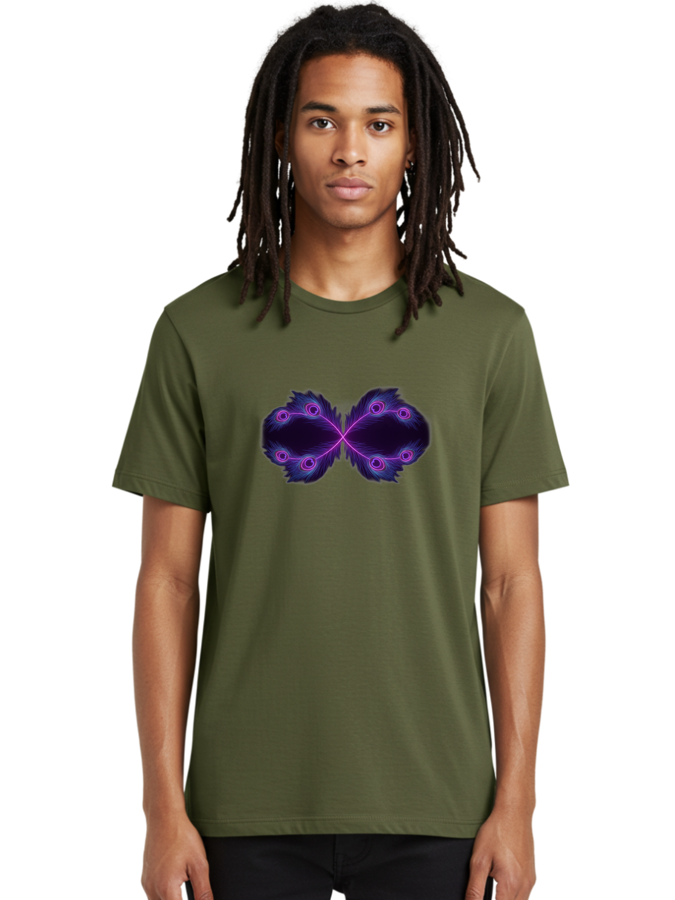 Purple-Feathers-Butterfly Men'S Graphic Tee, 100% Cotton, Comfortable Casual Summer Wear, Machine Washable, Purple Feather Design, Butterfly Shape, Neon Purple Accents, Circular Patterns, Symmetrical Art, Digital Illustration, Fantasy Art, Bab262 10