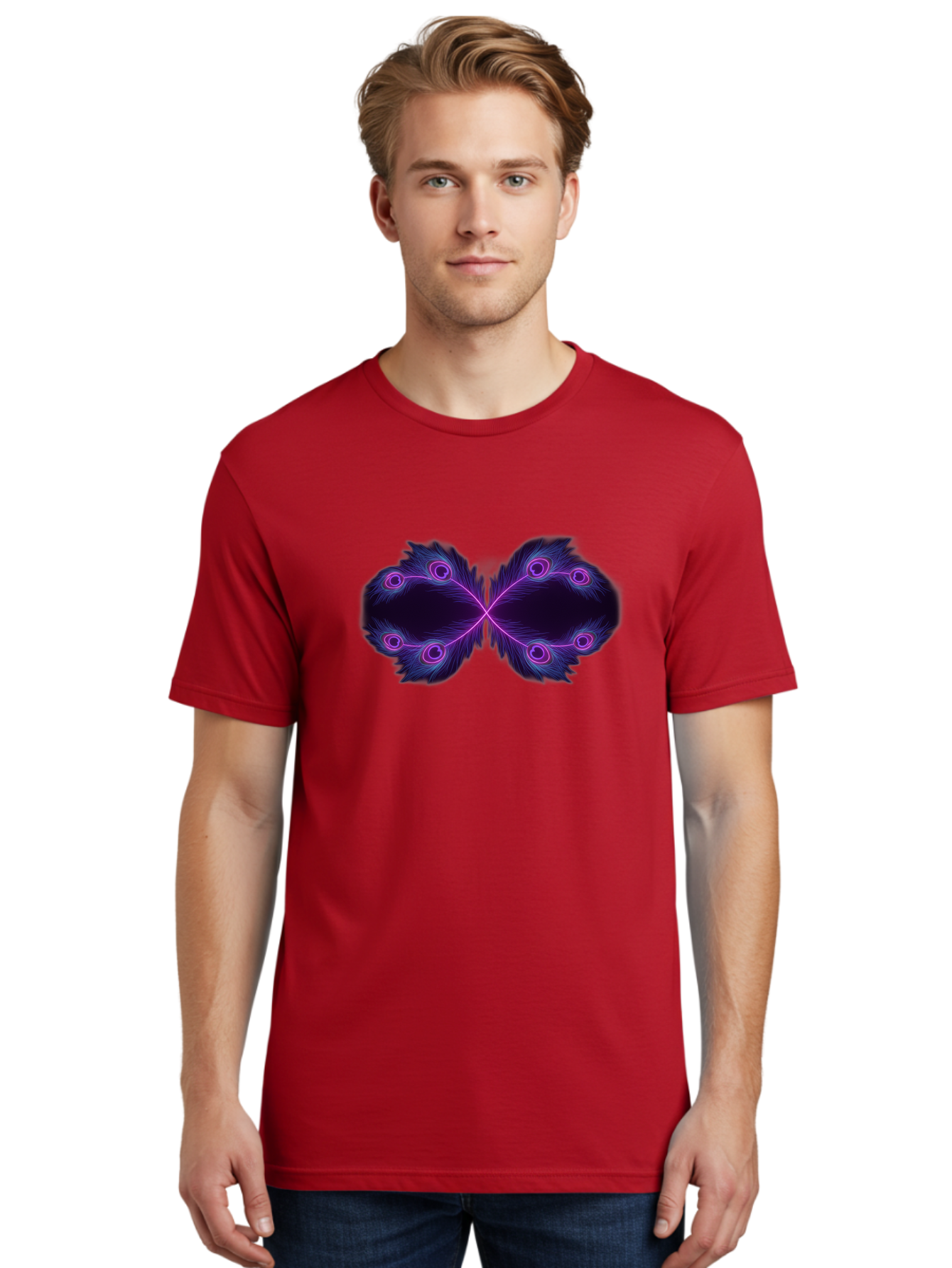 Purple-Feathers-Butterfly Men'S Graphic Tee, 100% Cotton, Comfortable Casual Summer Wear, Machine Washable, Purple Feather Design, Butterfly Shape, Neon Purple Accents, Circular Patterns, Symmetrical Art, Digital Illustration, Fantasy Art, Bab262 12