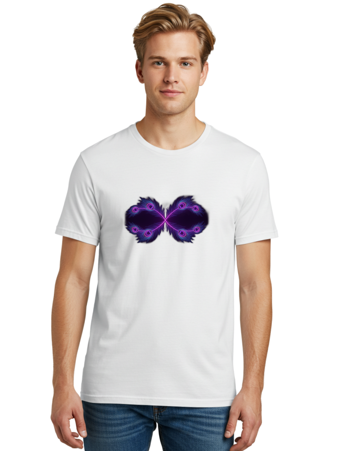 Purple-Feathers-Butterfly Men'S Graphic Tee, 100% Cotton, Comfortable Casual Summer Wear, Machine Washable, Purple Feather Design, Butterfly Shape, Neon Purple Accents, Circular Patterns, Symmetrical Art, Digital Illustration, Fantasy Art, Bab262 22
