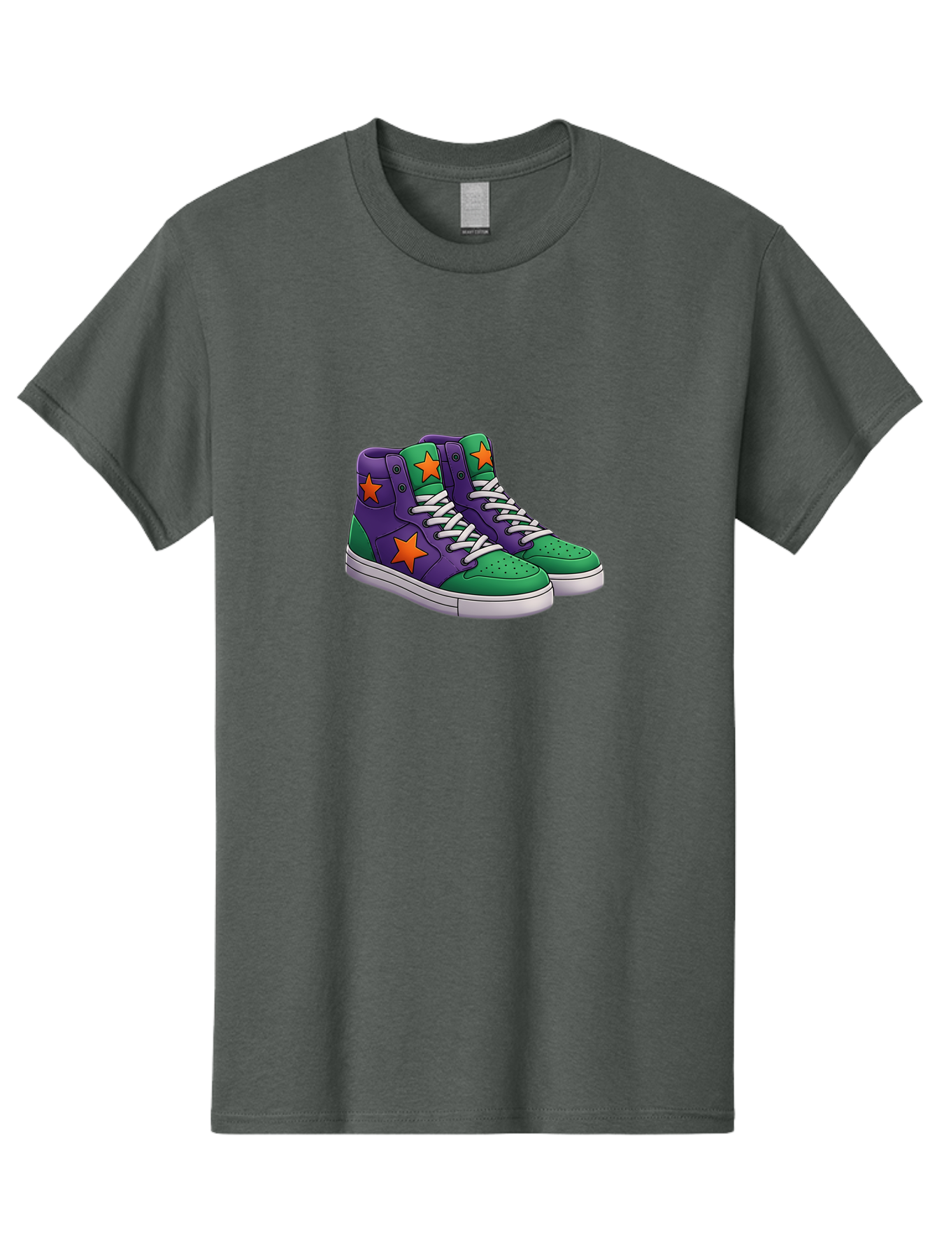 Purple-Green-Sneakers Men'S Graphic Tee, 100% Cotton, Comfortable Casual Summer Wear, Machine Washable, High Top Sneakers, Purple And Green Colorblock, Orange Star Design, White Laces, Fashion Sneakers, Streetwear Style, Bab263 11