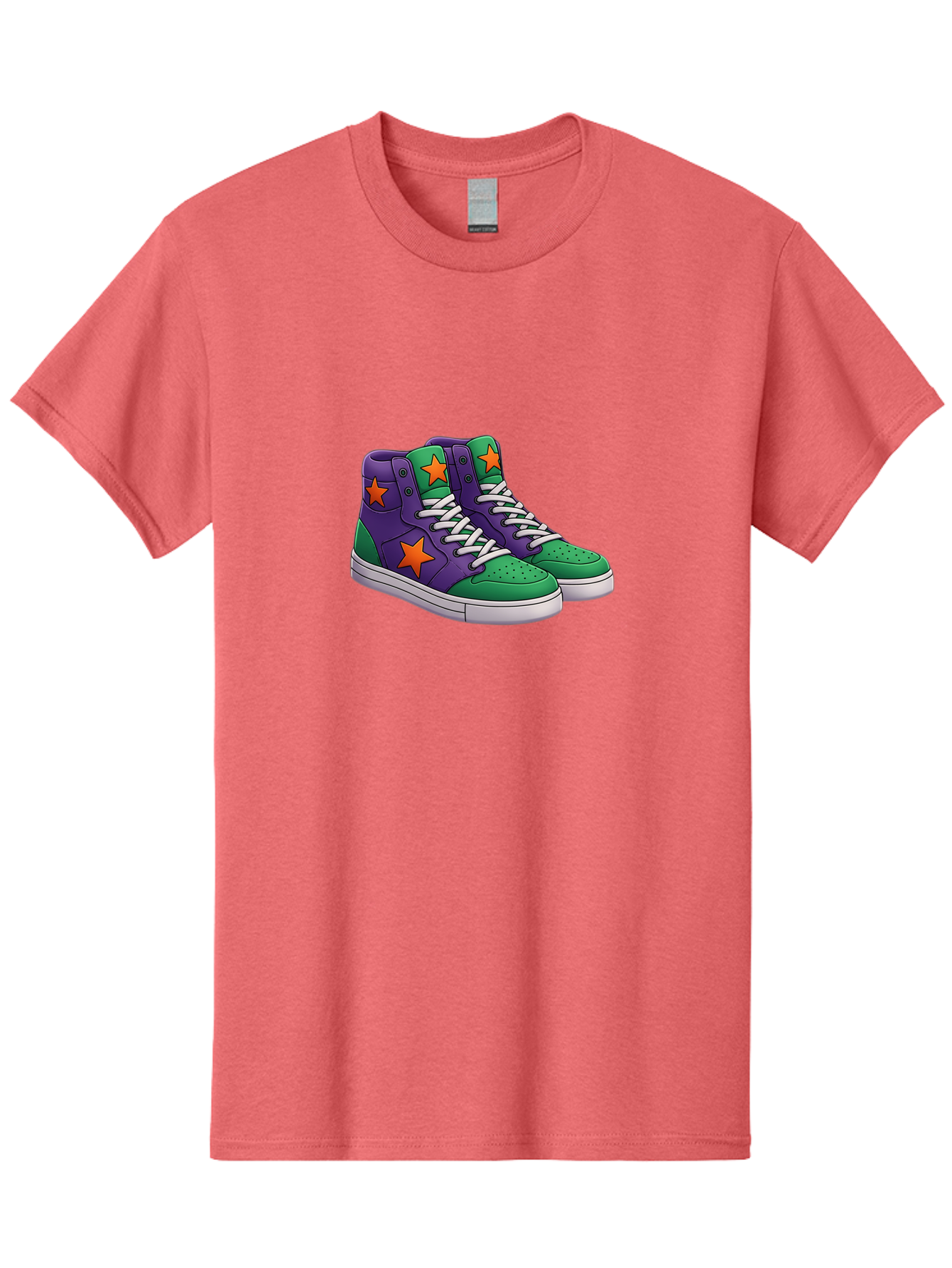 Purple-Green-Sneakers Men'S Graphic Tee, 100% Cotton, Comfortable Casual Summer Wear, Machine Washable, High Top Sneakers, Purple And Green Colorblock, Orange Star Design, White Laces, Fashion Sneakers, Streetwear Style, Bab263 21