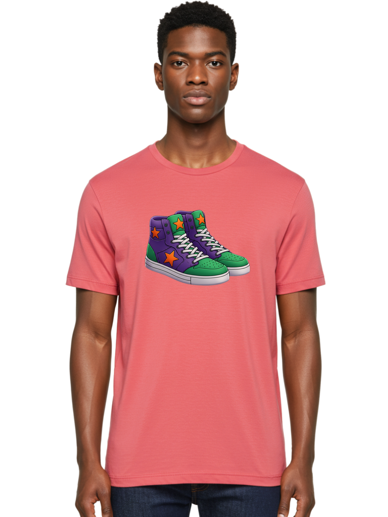 Purple-Green-Sneakers Men'S Graphic Tee, 100% Cotton, Comfortable Casual Summer Wear, Machine Washable, High Top Sneakers, Purple And Green Colorblock, Orange Star Design, White Laces, Fashion Sneakers, Streetwear Style, Bab263 22
