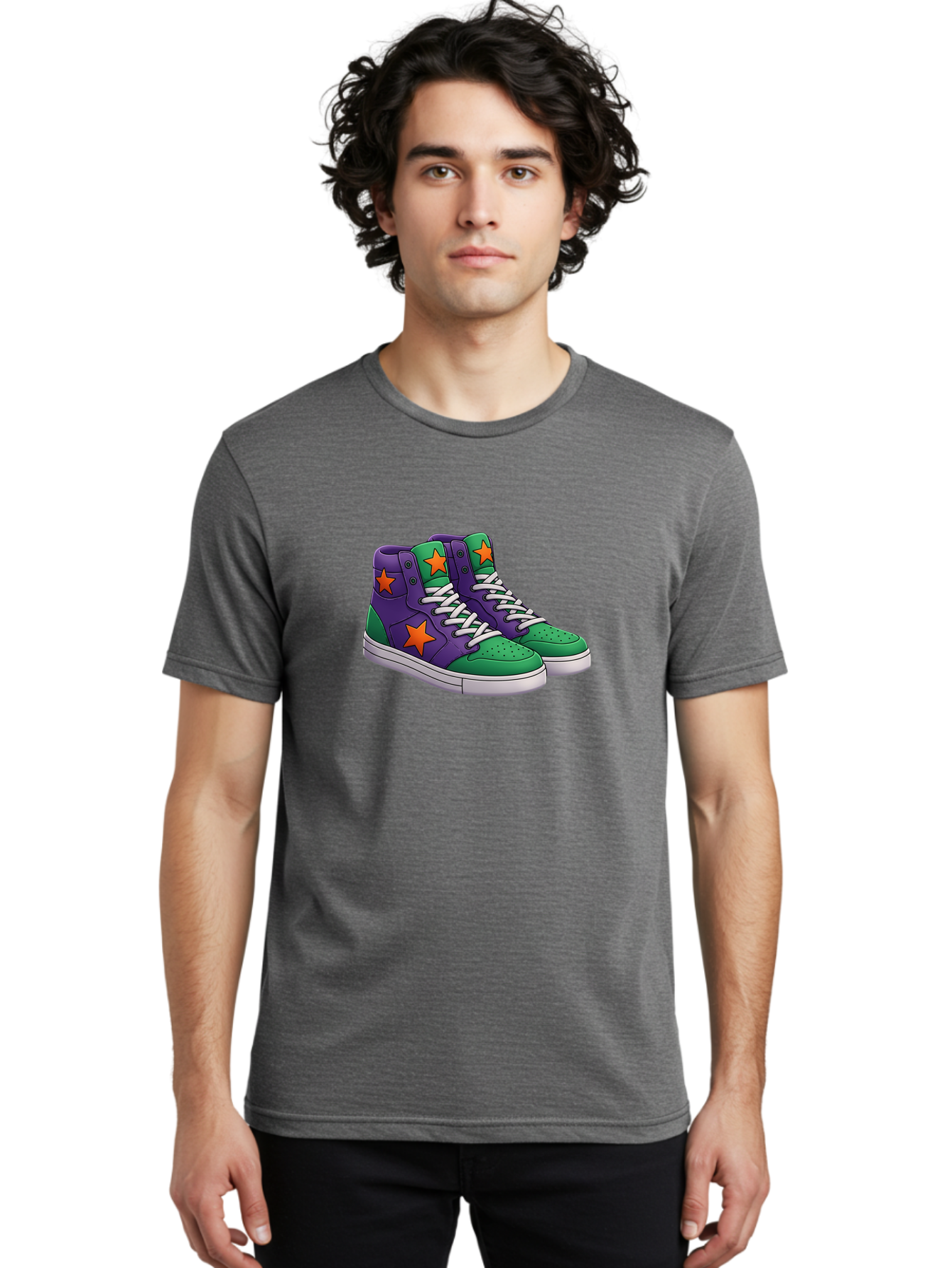 Purple-Green-Sneakers Men'S Graphic Tee, 100% Cotton, Comfortable Casual Summer Wear, Machine Washable, High Top Sneakers, Purple And Green Colorblock, Orange Star Design, White Laces, Fashion Sneakers, Streetwear Style, Bab263 6