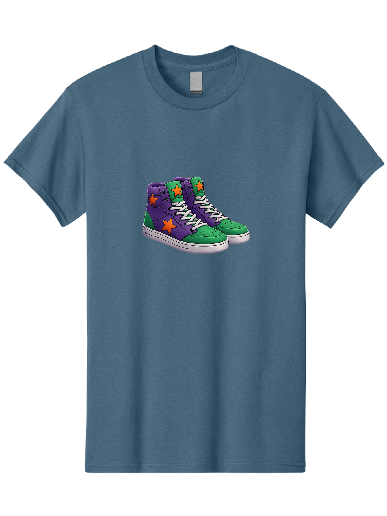 Purple-Green-Sneakers Men'S Graphic Tee, 100% Cotton, Comfortable Casual Summer Wear, Machine Washable, High Top Sneakers, Purple And Green Colorblock, Orange Star Design, White Laces, Fashion Sneakers, Streetwear Style, Bab263 29