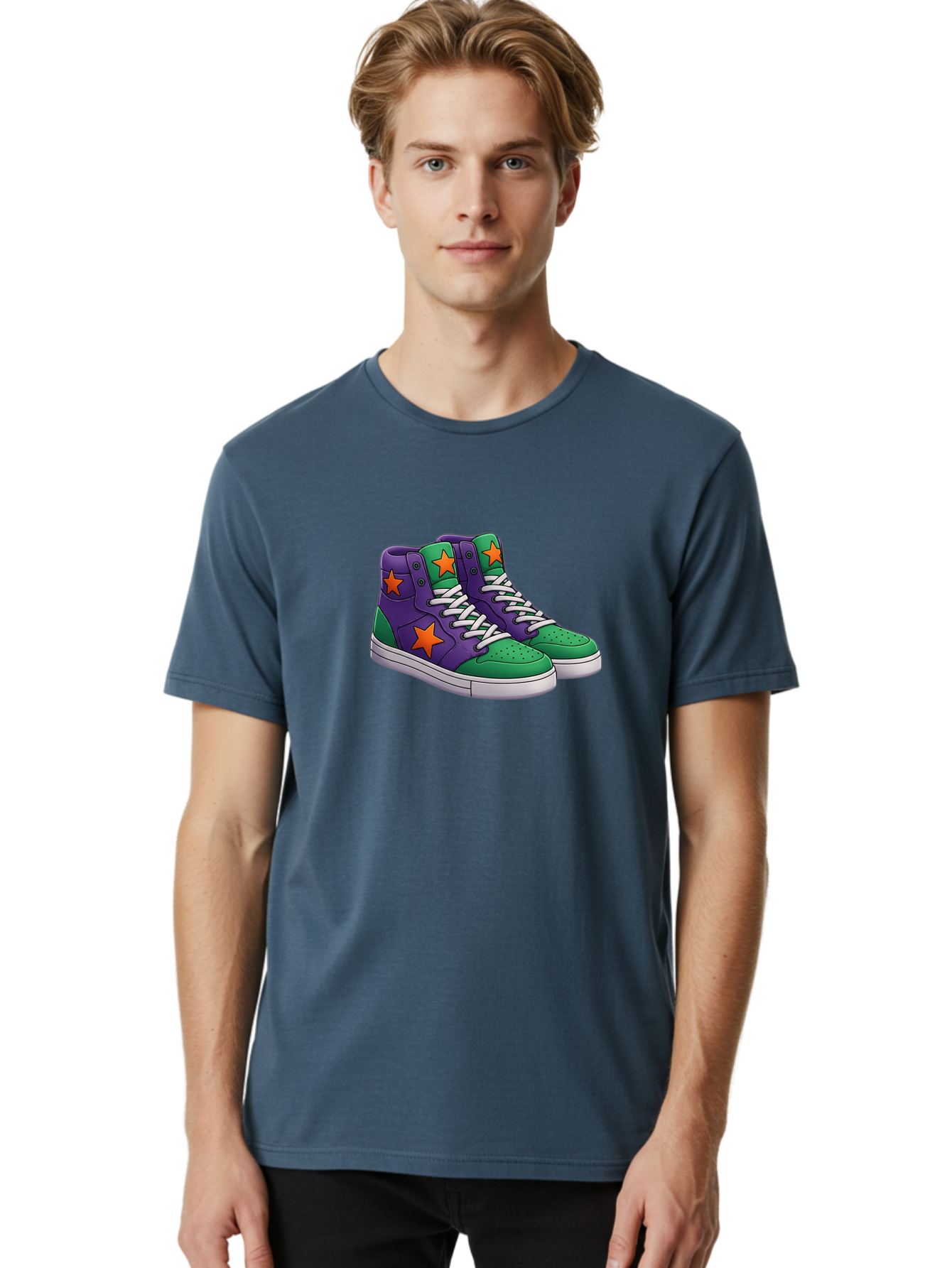 Purple-Green-Sneakers Men'S Graphic Tee, 100% Cotton, Comfortable Casual Summer Wear, Machine Washable, High Top Sneakers, Purple And Green Colorblock, Orange Star Design, White Laces, Fashion Sneakers, Streetwear Style, Bab263 30