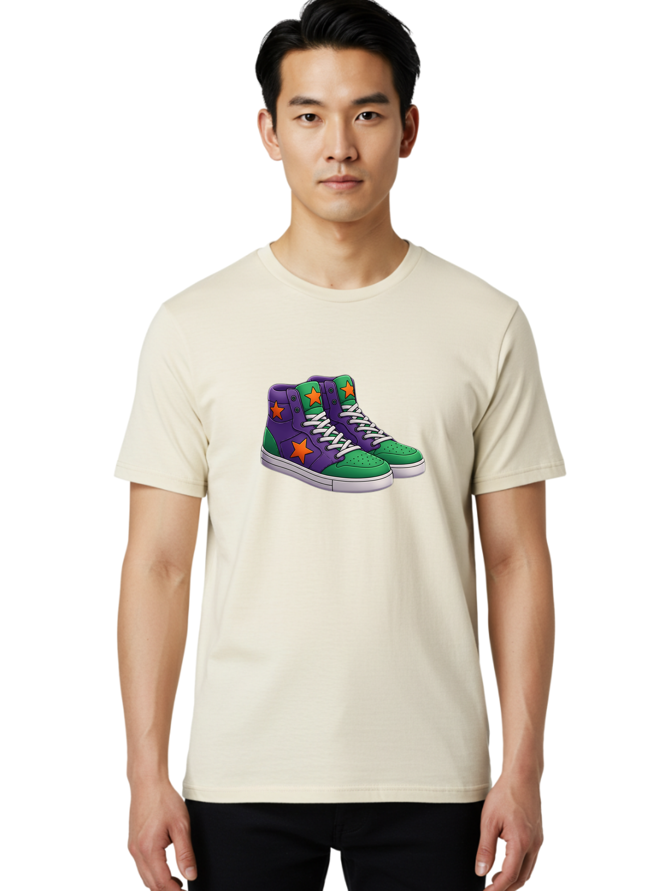 Purple-Green-Sneakers Men'S Graphic Tee, 100% Cotton, Comfortable Casual Summer Wear, Machine Washable, High Top Sneakers, Purple And Green Colorblock, Orange Star Design, White Laces, Fashion Sneakers, Streetwear Style, Bab263 14