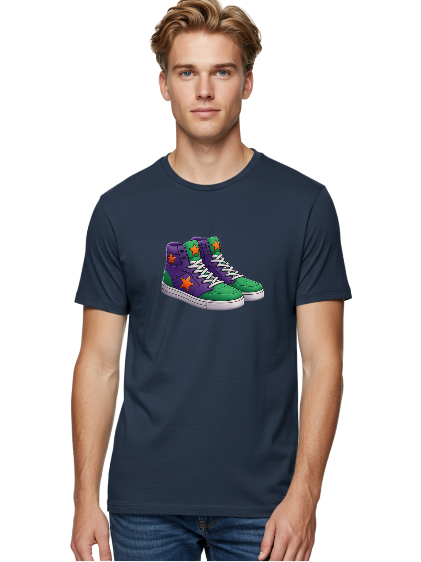 Purple-Green-Sneakers Men'S Graphic Tee, 100% Cotton, Comfortable Casual Summer Wear, Machine Washable, High Top Sneakers, Purple And Green Colorblock, Orange Star Design, White Laces, Fashion Sneakers, Streetwear Style, Bab263 16