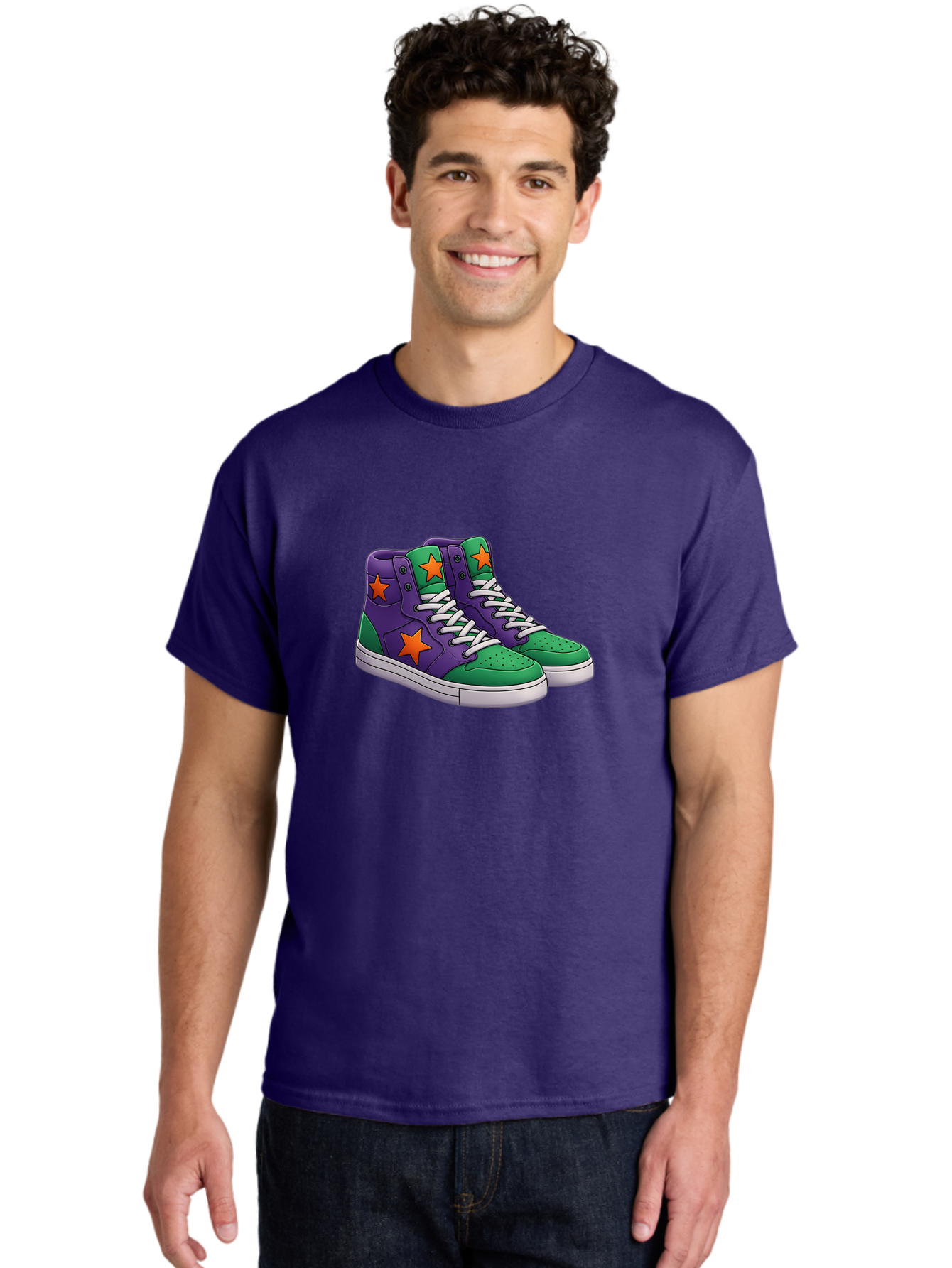 Purple-Green-Sneakers Men'S Graphic Tee, 100% Cotton, Comfortable Casual Summer Wear, Machine Washable, High Top Sneakers, Purple And Green Colorblock, Orange Star Design, White Laces, Fashion Sneakers, Streetwear Style, Bab263 10