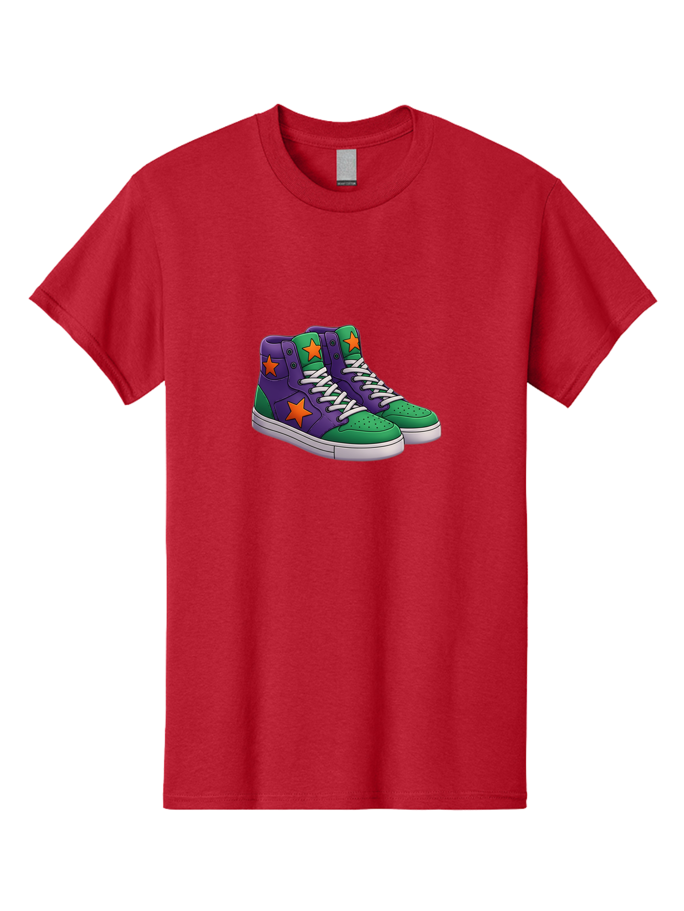Purple-Green-Sneakers Men'S Graphic Tee, 100% Cotton, Comfortable Casual Summer Wear, Machine Washable, High Top Sneakers, Purple And Green Colorblock, Orange Star Design, White Laces, Fashion Sneakers, Streetwear Style, Bab263 23