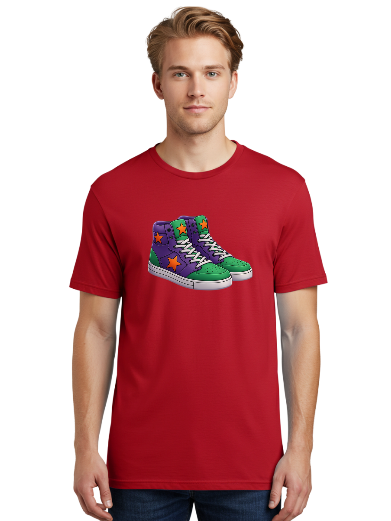 Purple-Green-Sneakers Men'S Graphic Tee, 100% Cotton, Comfortable Casual Summer Wear, Machine Washable, High Top Sneakers, Purple And Green Colorblock, Orange Star Design, White Laces, Fashion Sneakers, Streetwear Style, Bab263 24