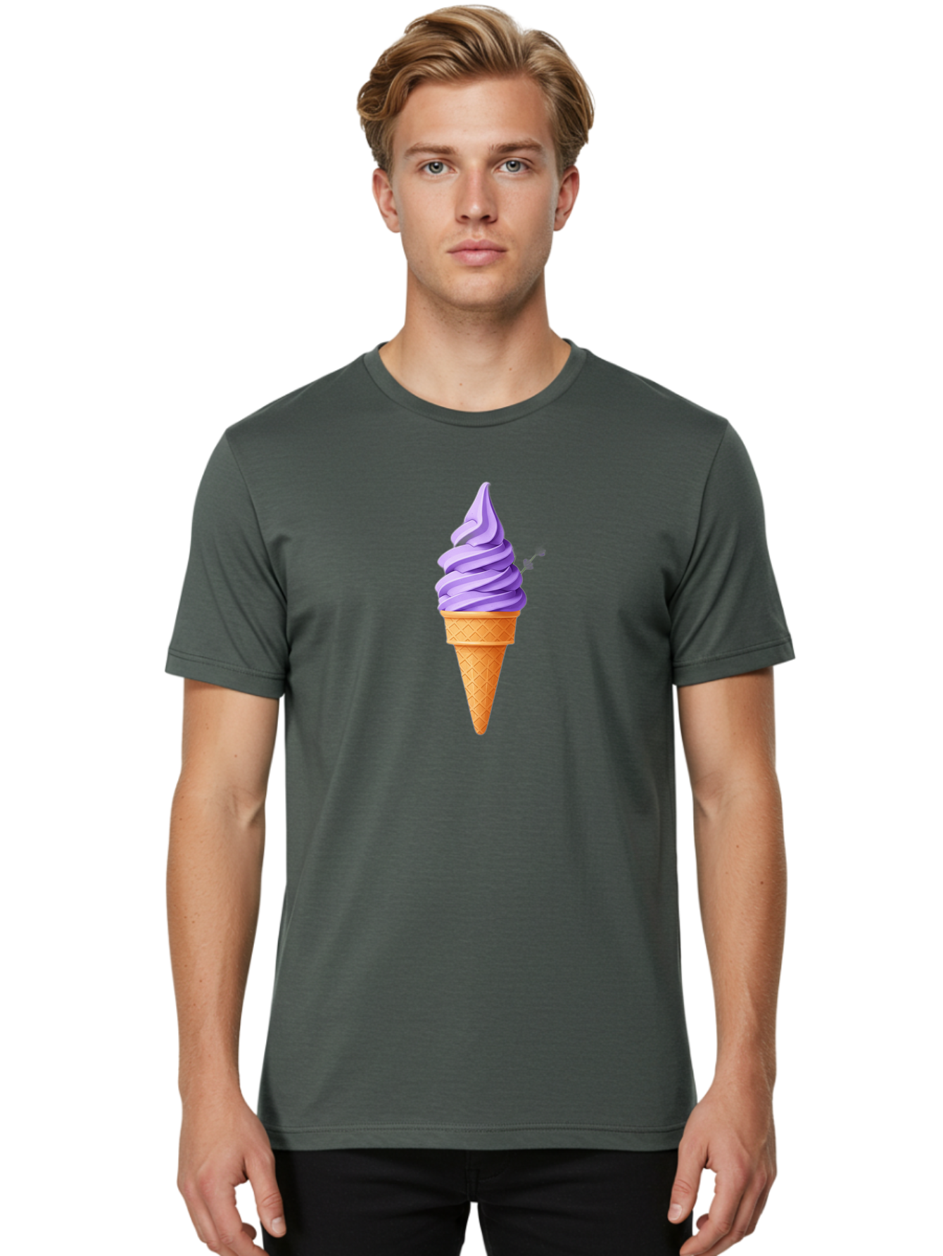Purple-Ice-Cream Men'S Graphic Tee, 100% Cotton, Comfortable Casual Summer Wear, Machine Washable, Soft-Serve Ice Cream Cone, Purple Ice Cream, Waffle Cone, Sweet Treat, Frozen Dessert, Spiral Design, Summer Snack, Ice Cream Lover, Bab265 2