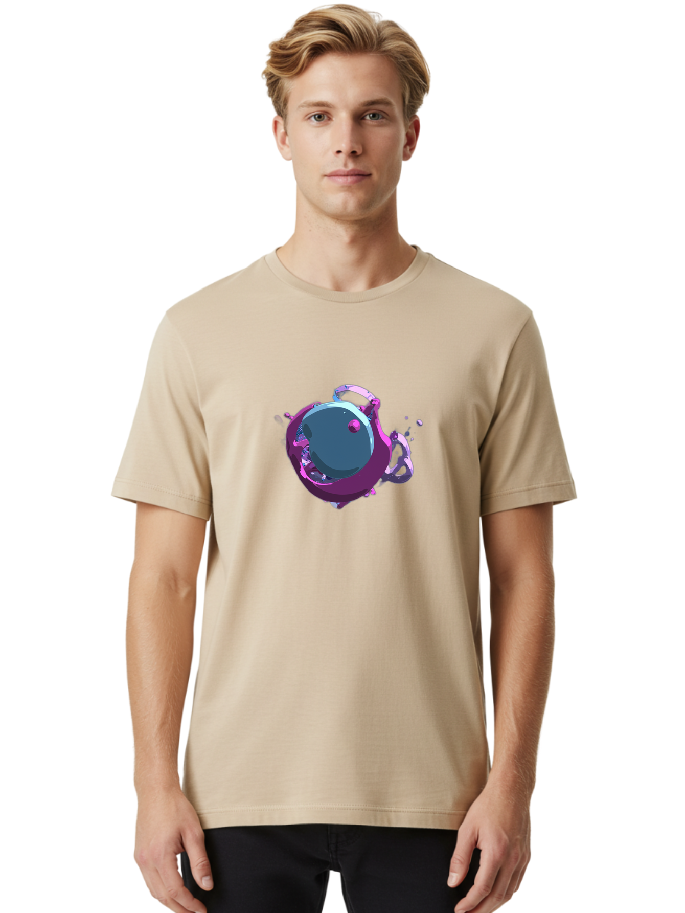Purple-Liquid-Sphere Men'S Graphic Tee, 100% Cotton, Comfortable Casual Summer Wear, Machine Washable, Molten Sphere, 3D Rendering, Purple Color Scheme, Abstract Art, Liquid Metal, Futuristic Design, Digital Artwork, Modern Graphics Bab266 22