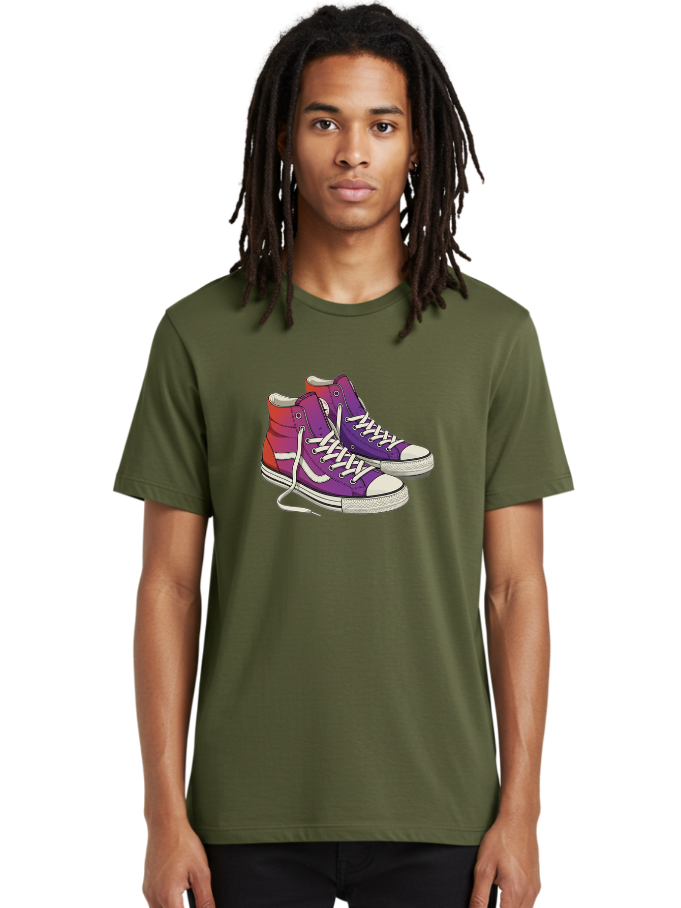 Purple-Sneakers Men'S Graphic Tee, 100% Cotton, Comfortable Casual Summer Wear, Machine Washable, Purple Sneakers, High-Top Shoes, White Laces, Canvas Sneakers, Fashion Footwear, Ombre Effect, Red To Purple Gradient Bab267 10