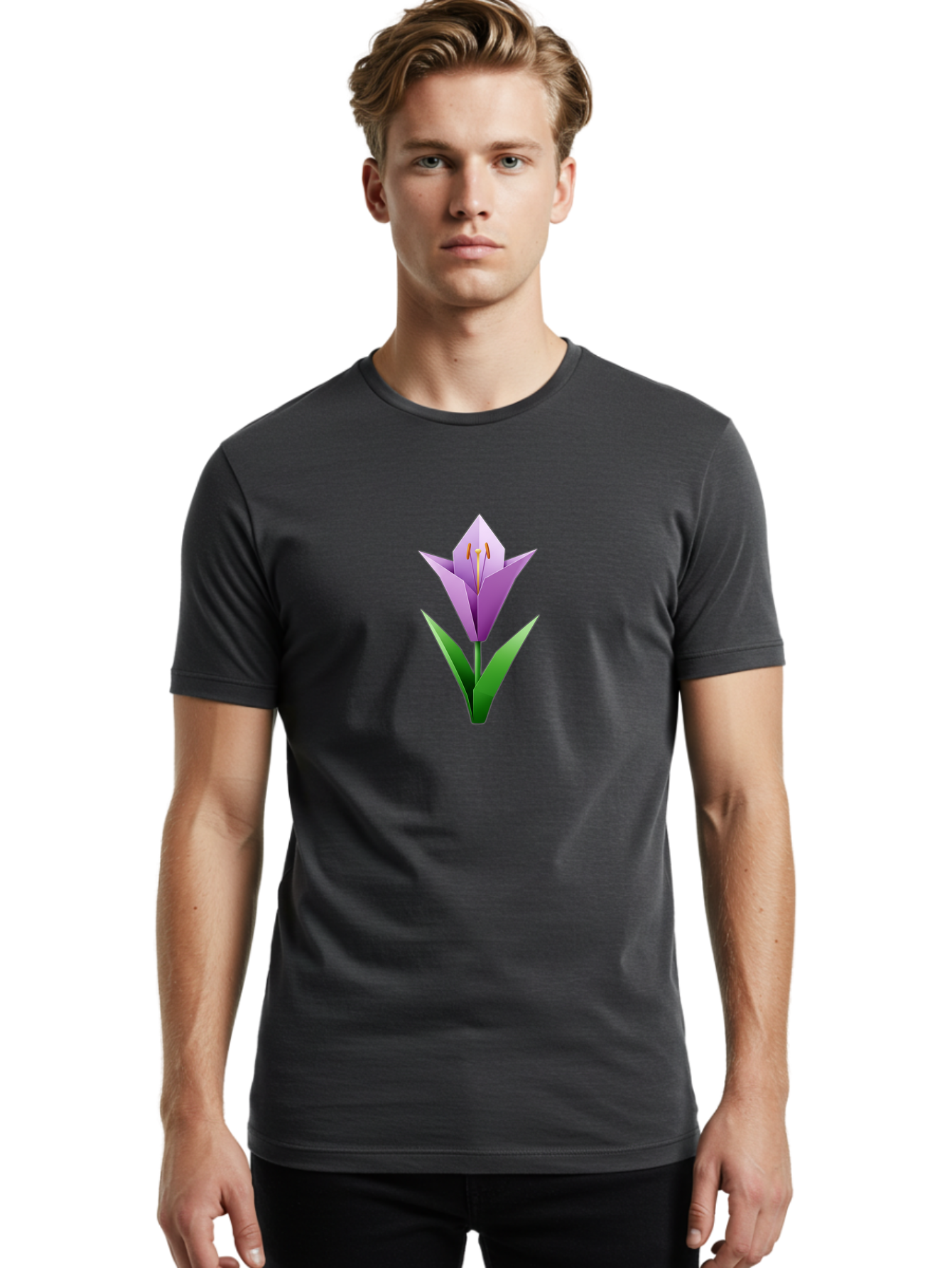 Purple-Tulip Men'S Graphic Tee, 100% Cotton, Comfortable Casual Summer Wear, Machine Washable, Origami Tulip, Purple Flower, Green Leaves, Papercraft Art, Minimalist Design, 3D Model, Floral Illustration, Creative Artwork, Tulip Icon Bab269 26