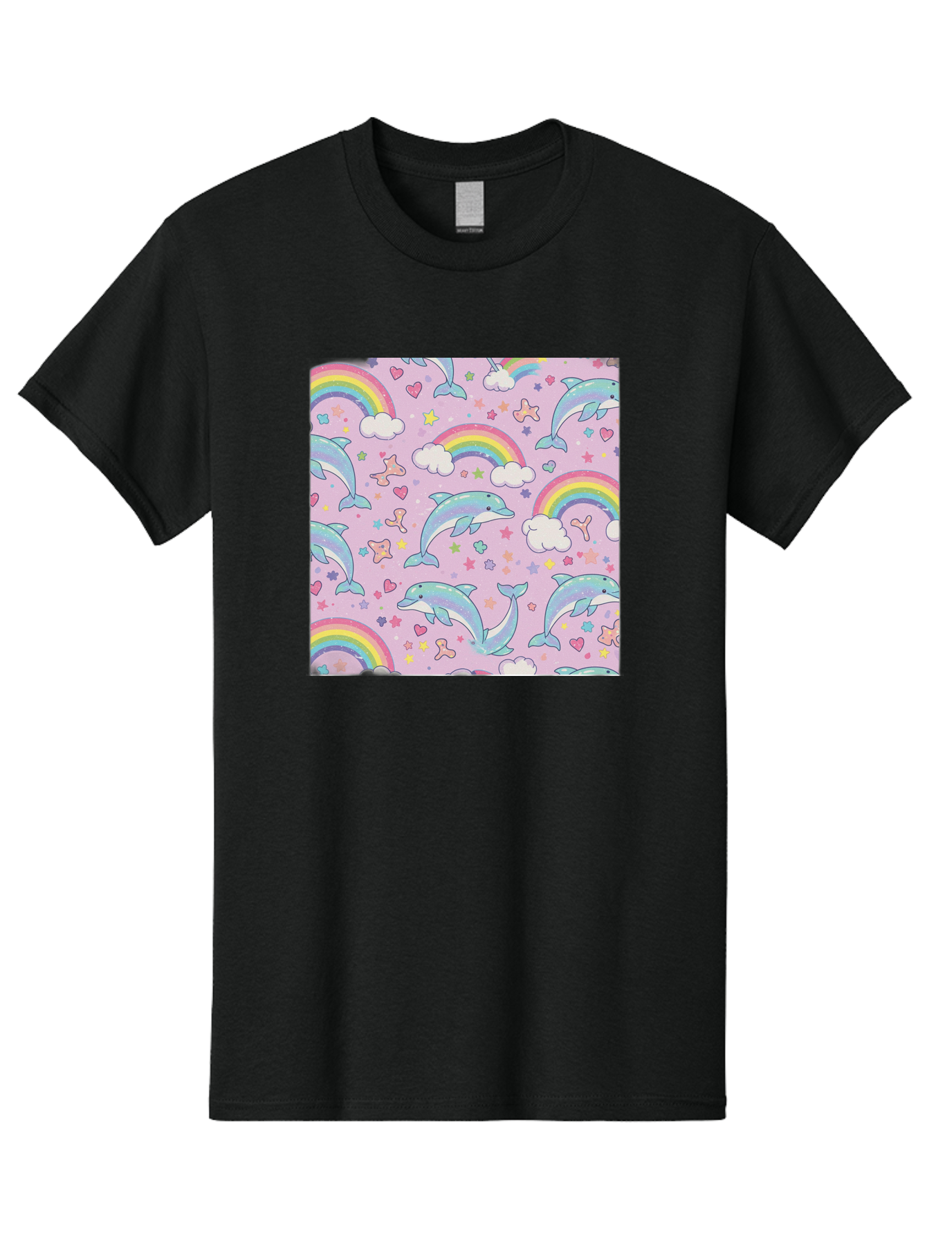 Rainbow-Dolphin-Pattern Men'S Graphic Tee, 100% Cotton, Comfortable Casual Summer Wear, Machine Washable, Dolphins, Rainbows, Clouds, Stars, Hearts, Pastel Colors, Whimsical Design, Playful Pattern, Childrens Theme, Fantasy Elements, Bab273 29