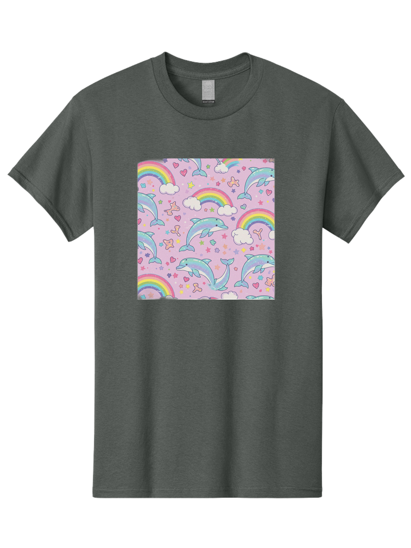 Rainbow-Dolphin-Pattern Men'S Graphic Tee, 100% Cotton, Comfortable Casual Summer Wear, Machine Washable, Dolphins, Rainbows, Clouds, Stars, Hearts, Pastel Colors, Whimsical Design, Playful Pattern, Childrens Theme, Fantasy Elements, Bab273 19