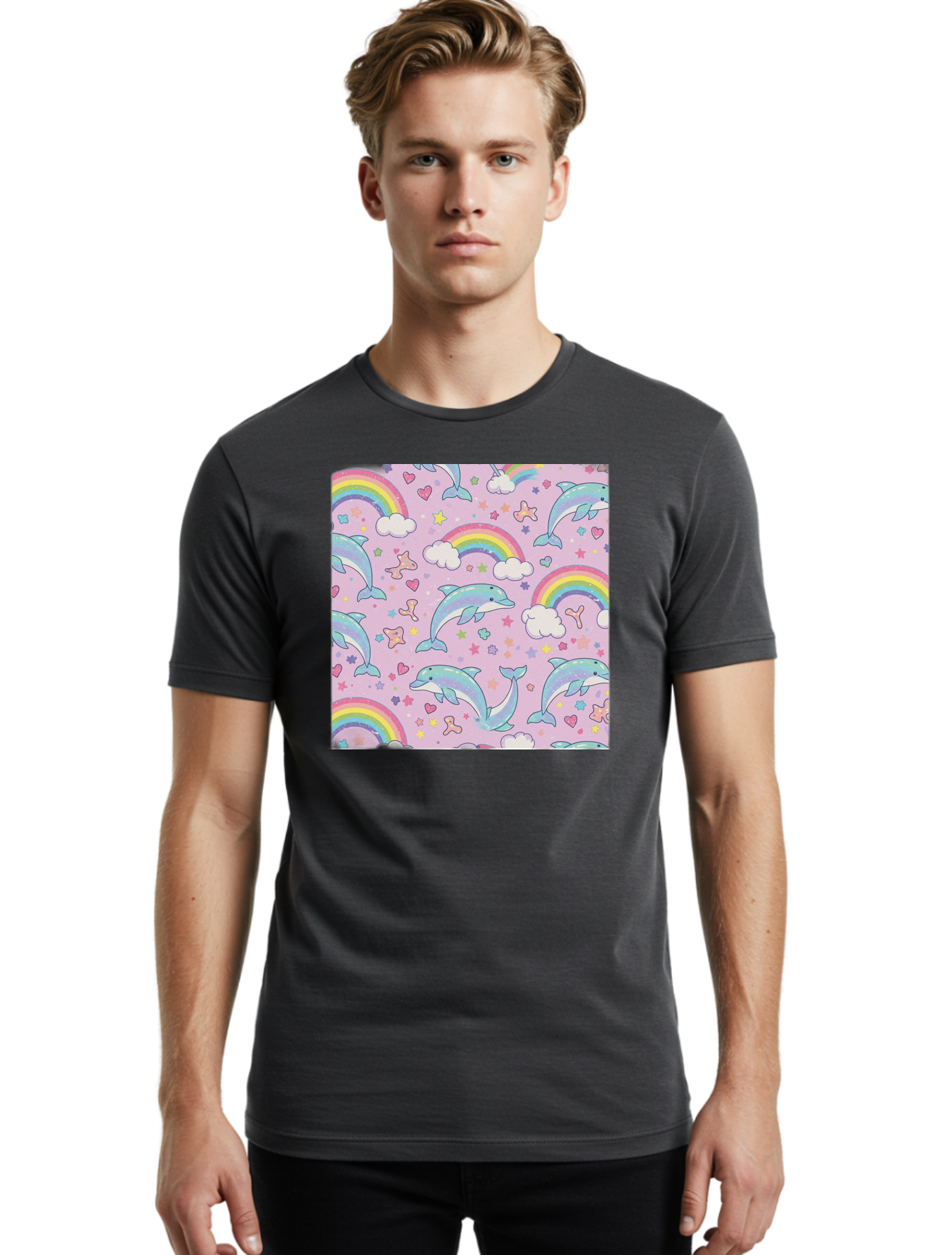 Rainbow-Dolphin-Pattern Men'S Graphic Tee, 100% Cotton, Comfortable Casual Summer Wear, Machine Washable, Dolphins, Rainbows, Clouds, Stars, Hearts, Pastel Colors, Whimsical Design, Playful Pattern, Childrens Theme, Fantasy Elements, Bab273 10