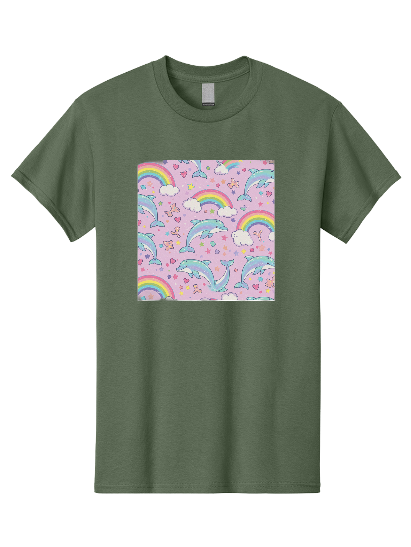 Rainbow-Dolphin-Pattern Men'S Graphic Tee, 100% Cotton, Comfortable Casual Summer Wear, Machine Washable, Dolphins, Rainbows, Clouds, Stars, Hearts, Pastel Colors, Whimsical Design, Playful Pattern, Childrens Theme, Fantasy Elements, Bab273 21
