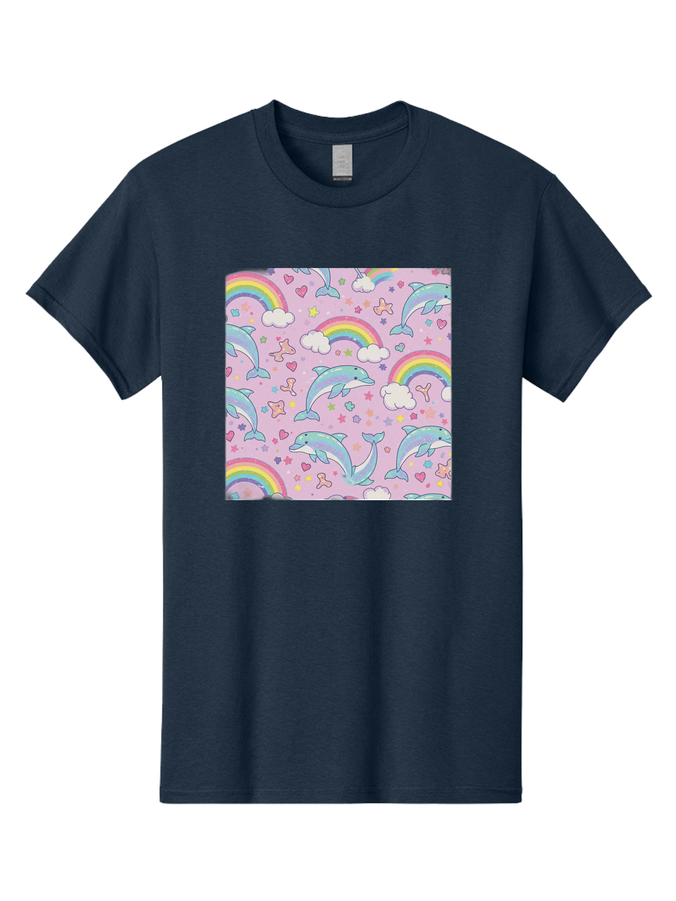 Rainbow-Dolphin-Pattern Men'S Graphic Tee, 100% Cotton, Comfortable Casual Summer Wear, Machine Washable, Dolphins, Rainbows, Clouds, Stars, Hearts, Pastel Colors, Whimsical Design, Playful Pattern, Childrens Theme, Fantasy Elements, Bab273 15