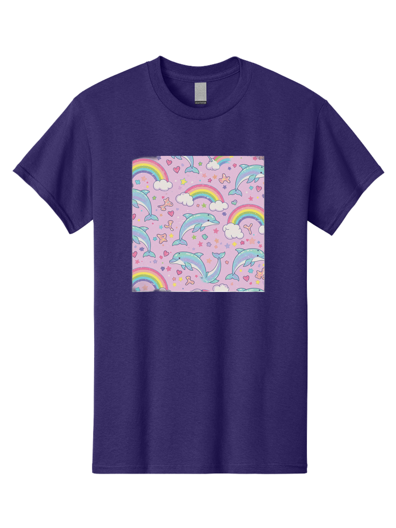 Rainbow-Dolphin-Pattern Men'S Graphic Tee, 100% Cotton, Comfortable Casual Summer Wear, Machine Washable, Dolphins, Rainbows, Clouds, Stars, Hearts, Pastel Colors, Whimsical Design, Playful Pattern, Childrens Theme, Fantasy Elements, Bab273 3