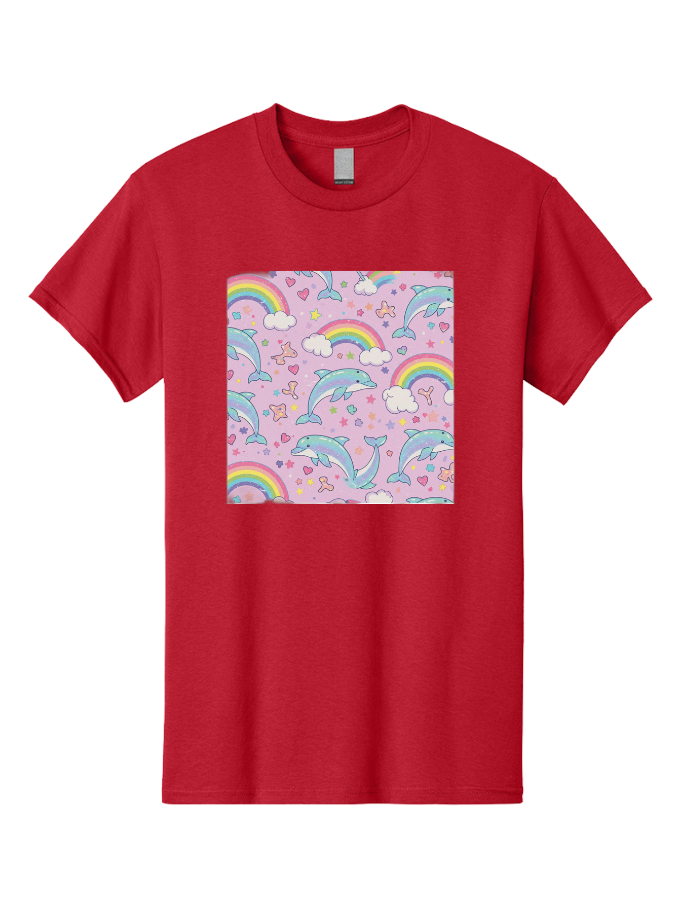 Rainbow-Dolphin-Pattern Men'S Graphic Tee, 100% Cotton, Comfortable Casual Summer Wear, Machine Washable, Dolphins, Rainbows, Clouds, Stars, Hearts, Pastel Colors, Whimsical Design, Playful Pattern, Childrens Theme, Fantasy Elements, Bab273 27