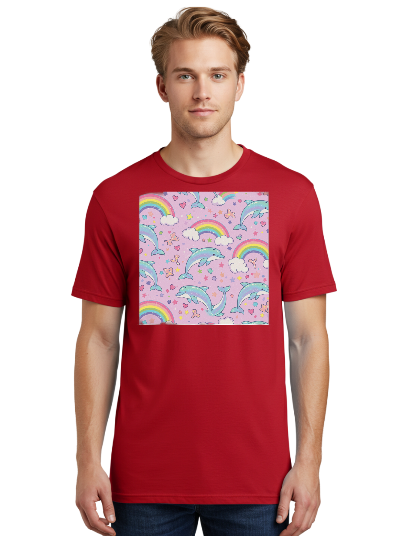 Rainbow-Dolphin-Pattern Men'S Graphic Tee, 100% Cotton, Comfortable Casual Summer Wear, Machine Washable, Dolphins, Rainbows, Clouds, Stars, Hearts, Pastel Colors, Whimsical Design, Playful Pattern, Childrens Theme, Fantasy Elements, Bab273 28
