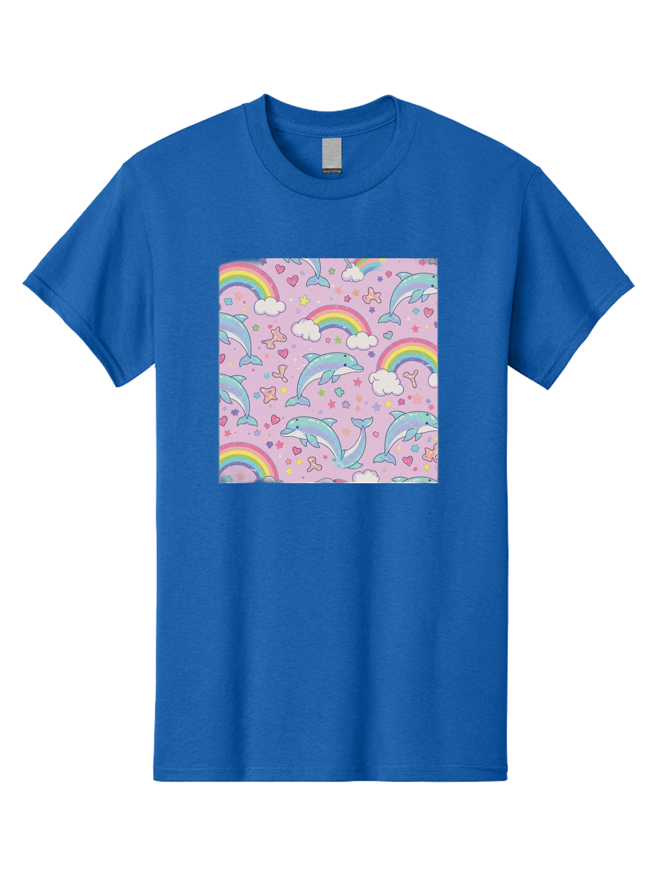 Rainbow-Dolphin-Pattern Men'S Graphic Tee, 100% Cotton, Comfortable Casual Summer Wear, Machine Washable, Dolphins, Rainbows, Clouds, Stars, Hearts, Pastel Colors, Whimsical Design, Playful Pattern, Childrens Theme, Fantasy Elements, Bab273 25