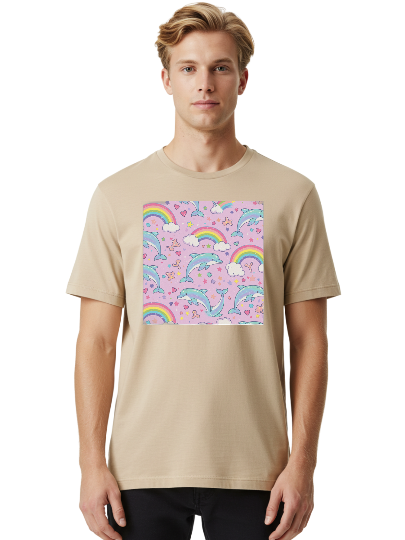 Rainbow-Dolphin-Pattern Men'S Graphic Tee, 100% Cotton, Comfortable Casual Summer Wear, Machine Washable, Dolphins, Rainbows, Clouds, Stars, Hearts, Pastel Colors, Whimsical Design, Playful Pattern, Childrens Theme, Fantasy Elements, Bab273 8