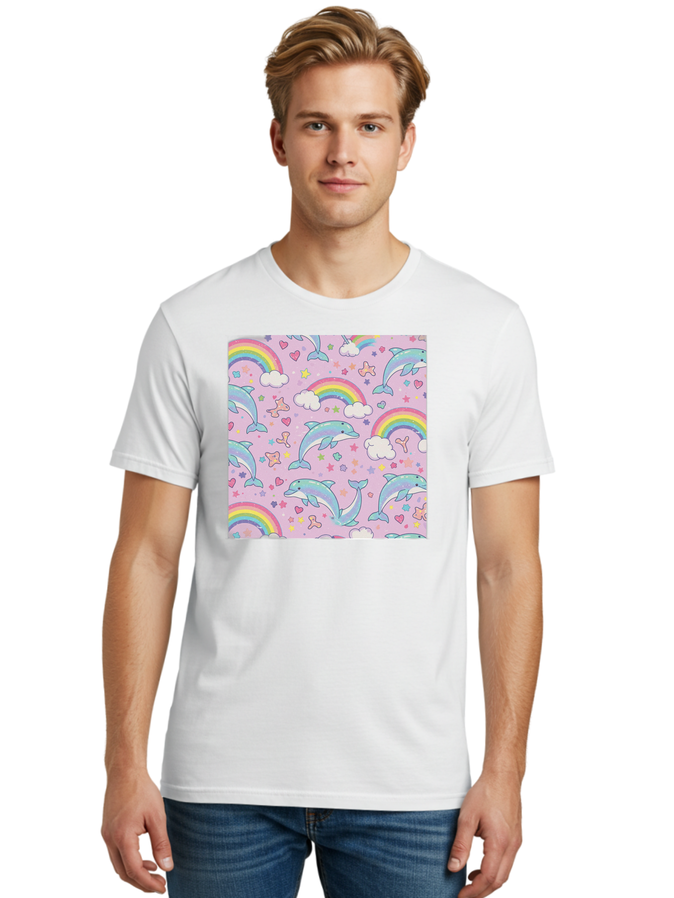 Rainbow-Dolphin-Pattern Men'S Graphic Tee, 100% Cotton, Comfortable Casual Summer Wear, Machine Washable, Dolphins, Rainbows, Clouds, Stars, Hearts, Pastel Colors, Whimsical Design, Playful Pattern, Childrens Theme, Fantasy Elements, Bab273 14