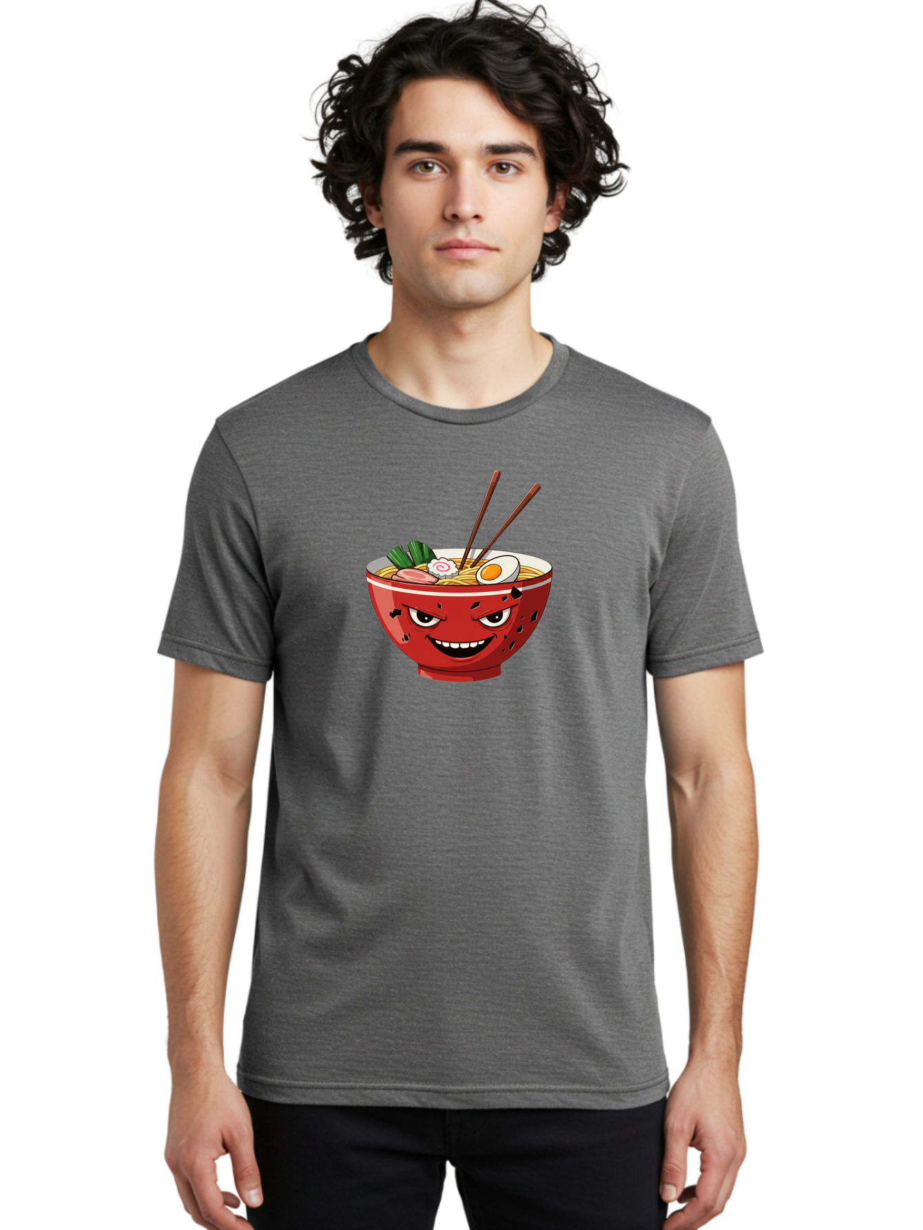 Ramen-Bowl-4 Men'S Graphic Tee, 100% Cotton, Comfortable Casual Summer Wear, Machine Washable, Ramen Bowl, Noodle Soup, Angry Face, Chopsticks, Boiled Egg, Sliced Pork, Green Onions, Cartoon Style, Kawaii, Japanese Cuisine, Comic Character Bab294 24