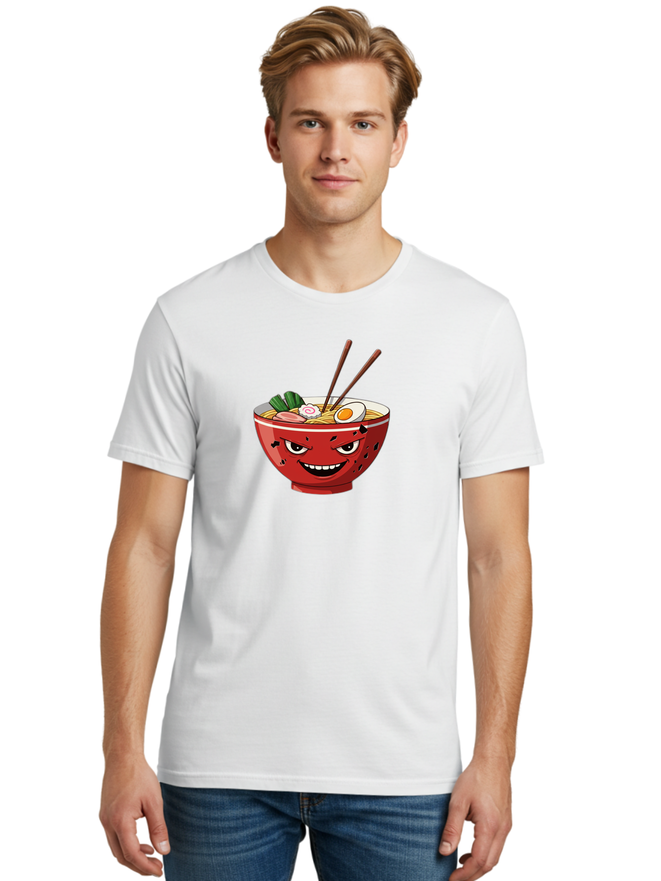 Ramen-Bowl-4 Men'S Graphic Tee, 100% Cotton, Comfortable Casual Summer Wear, Machine Washable, Ramen Bowl, Noodle Soup, Angry Face, Chopsticks, Boiled Egg, Sliced Pork, Green Onions, Cartoon Style, Kawaii, Japanese Cuisine, Comic Character Bab294 10