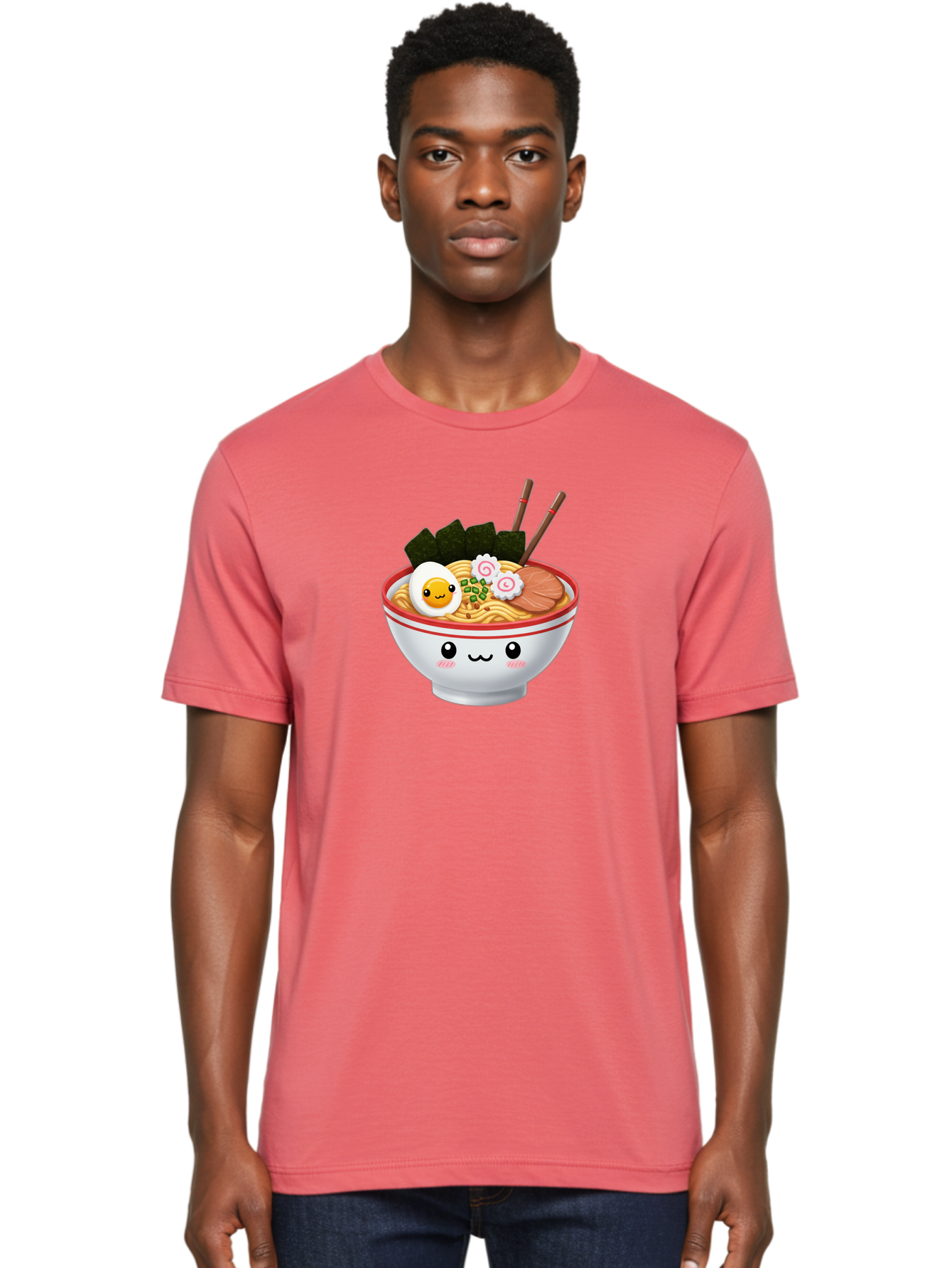 Ramen-Bowl-7 Men'S Graphic Tee, 100% Cotton, Comfortable Casual Summer Wear, Machine Washable, Ramen Noodles, Steaming Bowl, Egg, Seaweed, Narutomaki, Chopsticks, Happy Face, Cartoon Style, Japanese Cuisine, Kawaii Food, Noodle Soup, Bab297 12