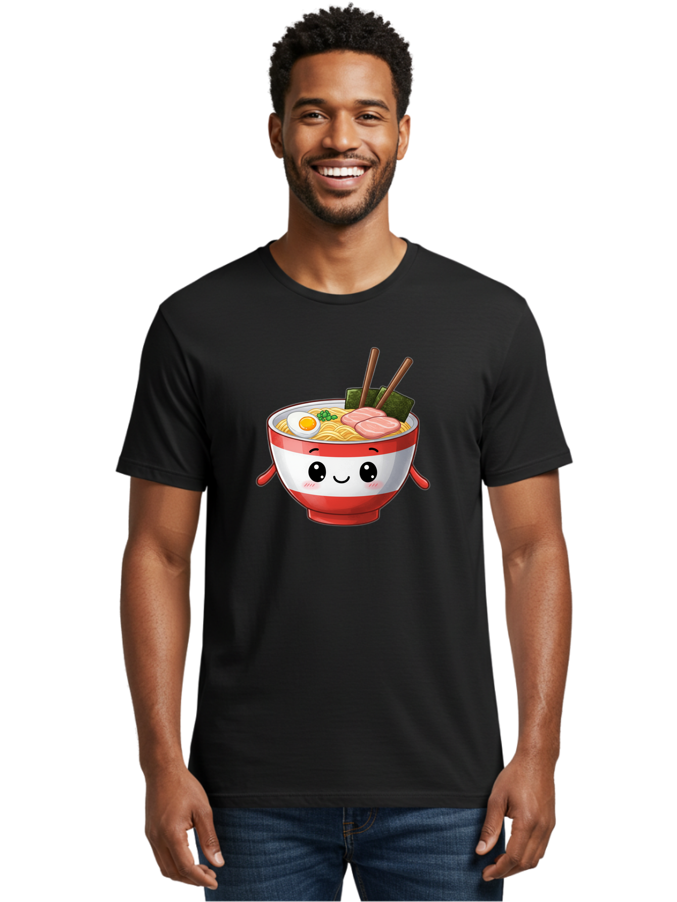 Ramen-Noodle-Bowl Men'S Graphic Tee, 100% Cotton, Comfortable Casual Summer Wear, Machine Washable, Cartoon Ramen Bowl, Japanese Food, Noodle Soup, Egg, Pork Slices, Seaweed, Chopsticks, Kawaii Character, Cute Design, Anime Style Bab307 30