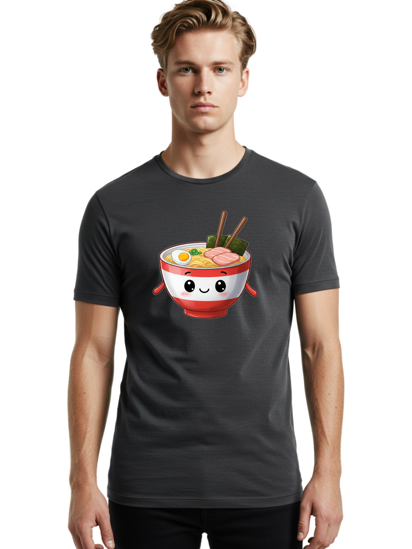Ramen-Noodle-Bowl Men'S Graphic Tee, 100% Cotton, Comfortable Casual Summer Wear, Machine Washable, Cartoon Ramen Bowl, Japanese Food, Noodle Soup, Egg, Pork Slices, Seaweed, Chopsticks, Kawaii Character, Cute Design, Anime Style Bab307 20