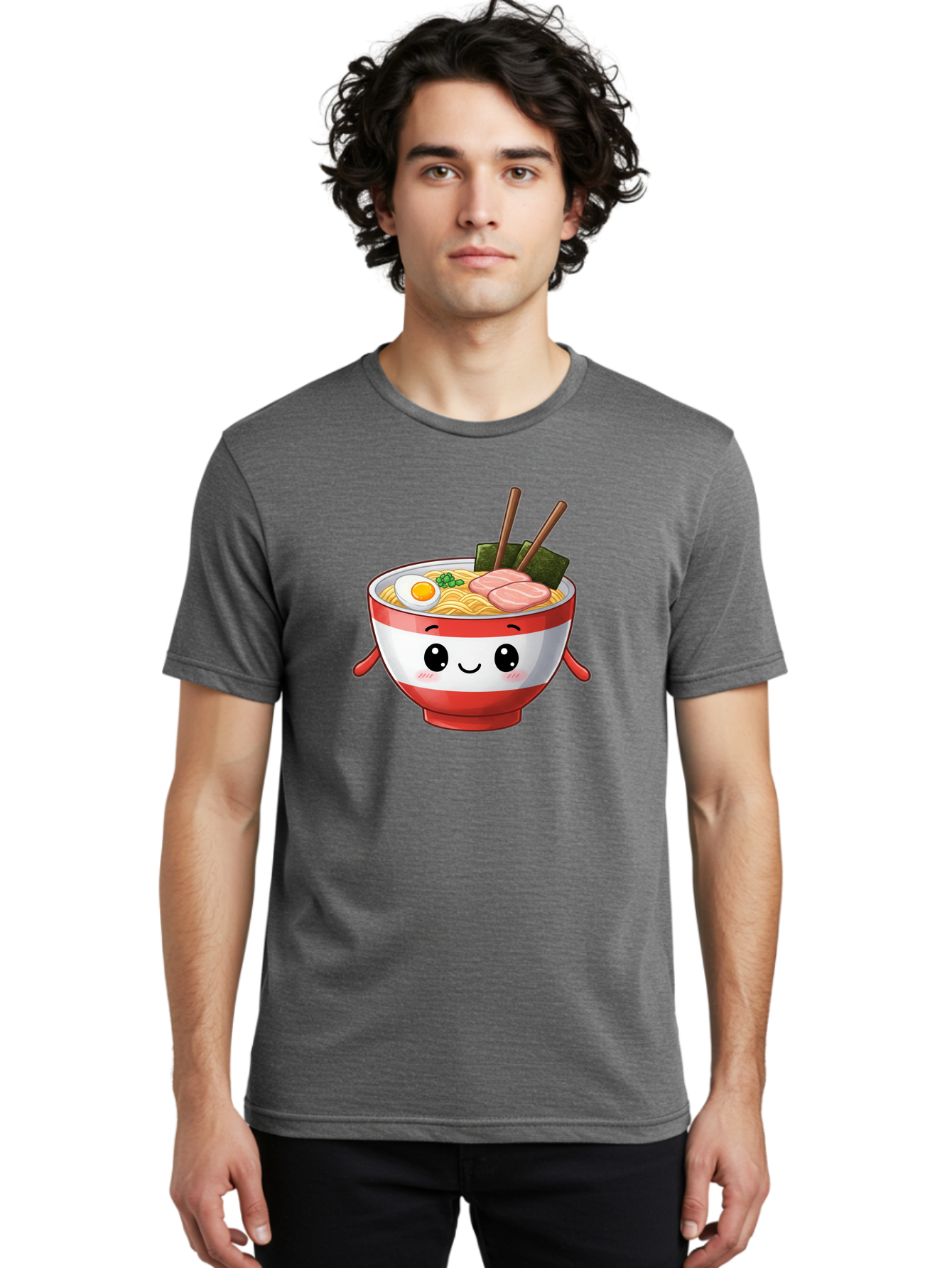 Ramen-Noodle-Bowl Men'S Graphic Tee, 100% Cotton, Comfortable Casual Summer Wear, Machine Washable, Cartoon Ramen Bowl, Japanese Food, Noodle Soup, Egg, Pork Slices, Seaweed, Chopsticks, Kawaii Character, Cute Design, Anime Style Bab307 28