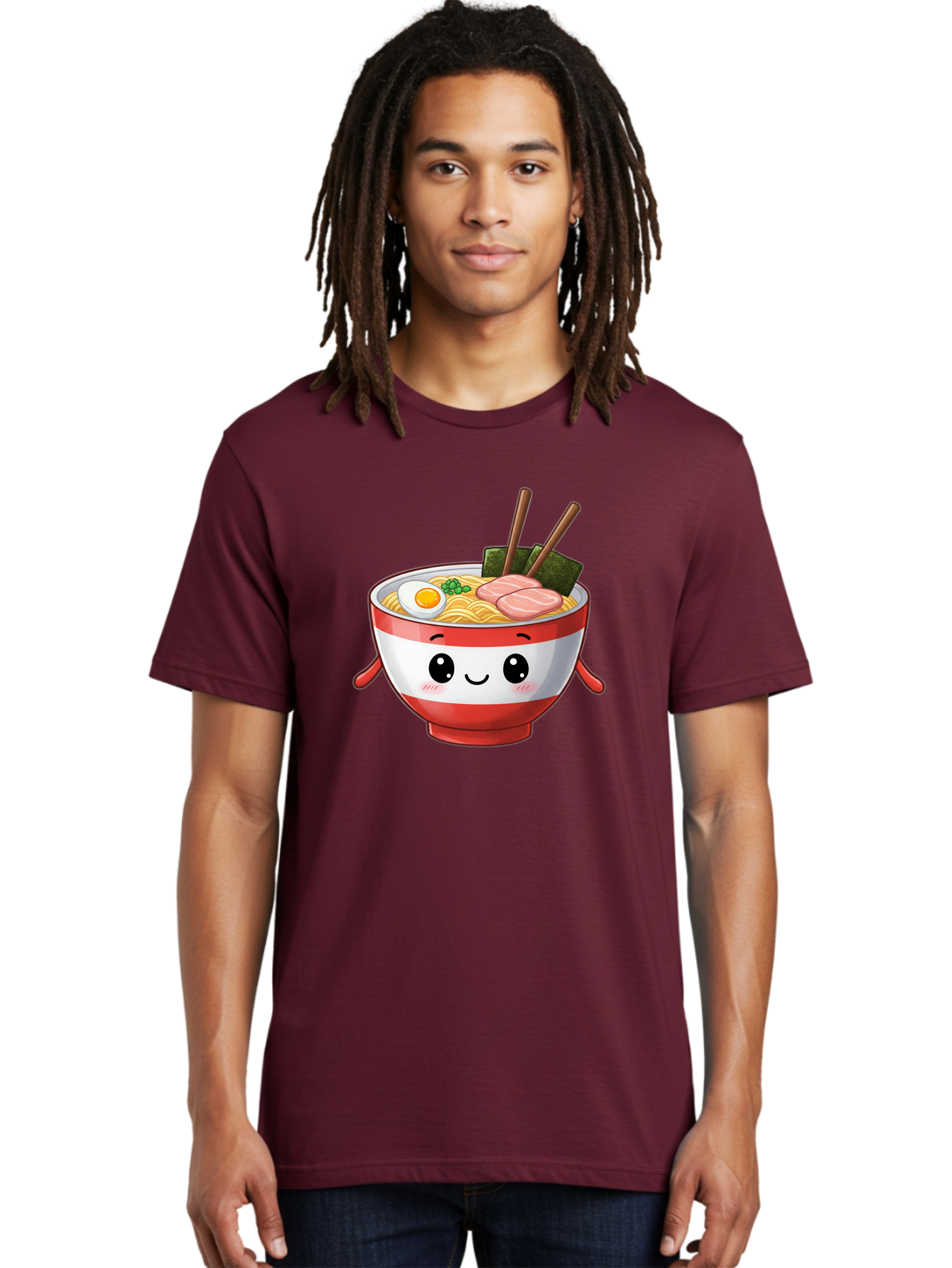 Ramen-Noodle-Bowl Men'S Graphic Tee, 100% Cotton, Comfortable Casual Summer Wear, Machine Washable, Cartoon Ramen Bowl, Japanese Food, Noodle Soup, Egg, Pork Slices, Seaweed, Chopsticks, Kawaii Character, Cute Design, Anime Style Bab307 6
