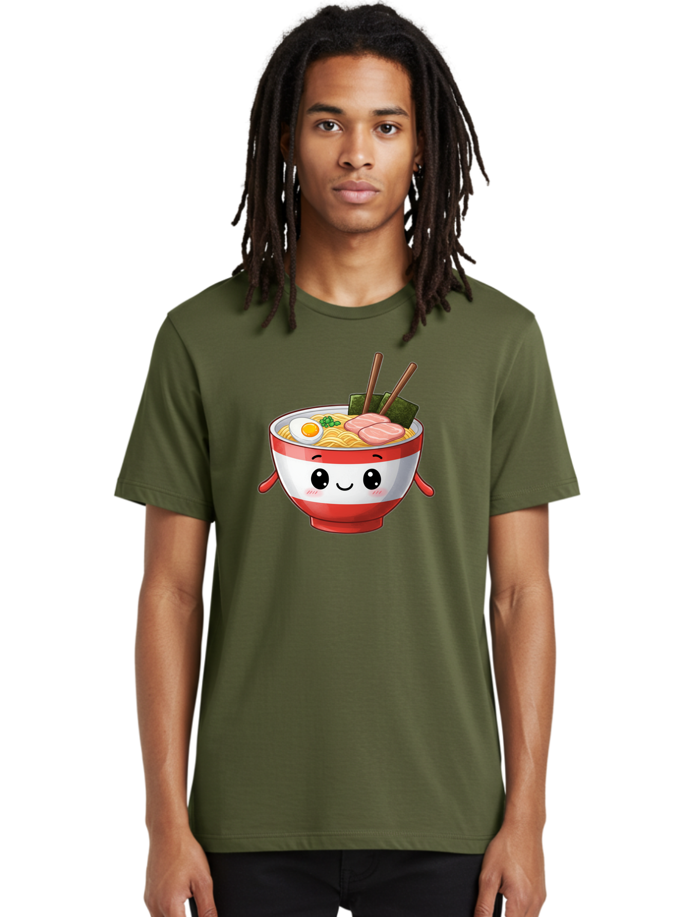 Ramen-Noodle-Bowl Men'S Graphic Tee, 100% Cotton, Comfortable Casual Summer Wear, Machine Washable, Cartoon Ramen Bowl, Japanese Food, Noodle Soup, Egg, Pork Slices, Seaweed, Chopsticks, Kawaii Character, Cute Design, Anime Style Bab307 2